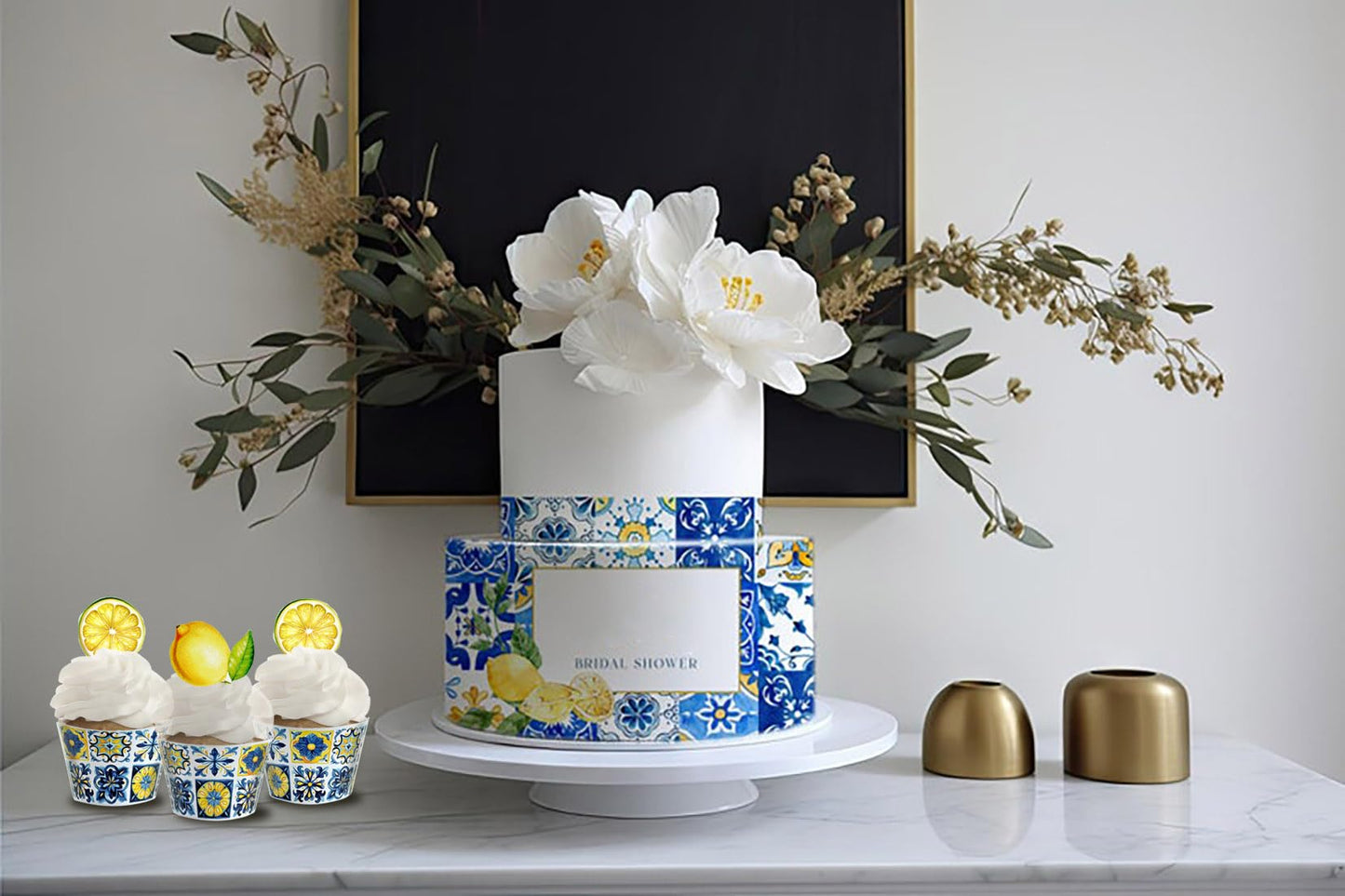 Blue Tile and Lemons Cupcake Wrappers,Mediterranean Tiles,24 Lemon Cupcake Toppers +Cupcake Wrappers