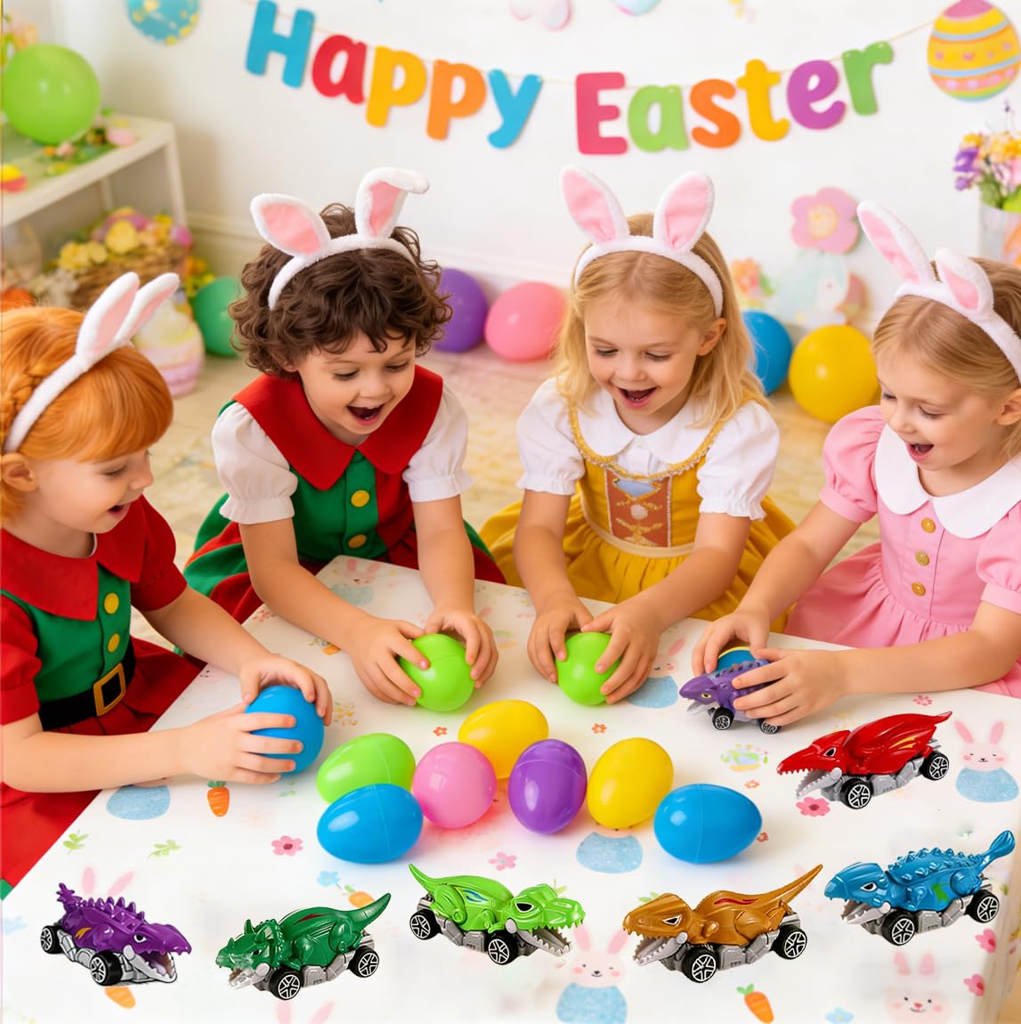 Dufricen 6 Pack Prefilled Easter Eggs with Metal Dinosaur Car Toys Vehicles Set for Toddlers Kids Easter Egg Fillers Hunt Basket Stuffers Party Favors