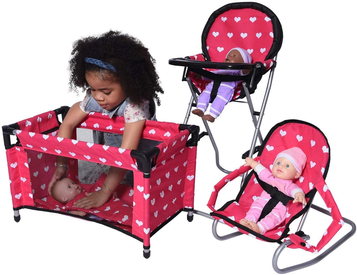 Mega Baby Doll Accessories Set, 3-1 Baby Doll Crib, Baby Doll High Chair & Bouncer Seat. 18 inch Doll Accessories with Doll Bed. 18" Dolls Furniture