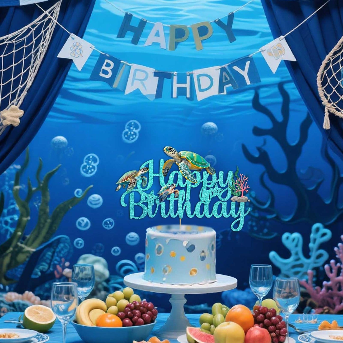 Sea Turtle Cake Topper Blue Glitter Sea Turtle Birthday Decorations Under the Sea Ocean Cake Decorations