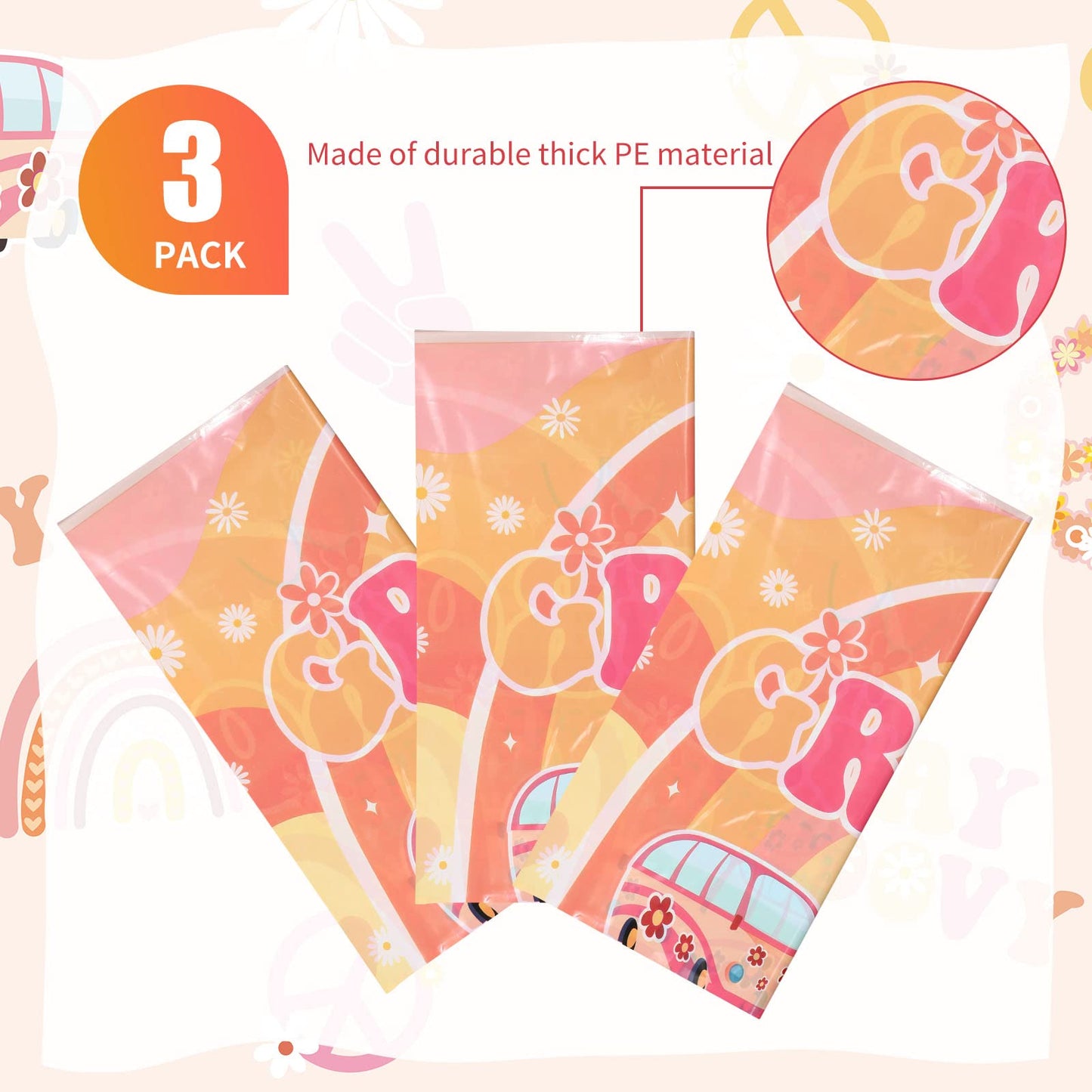 3 Pcs Two Groovy Party Plastic Tablecloths Groovy Retro Hippie Boho Party Decorations Rainbow Daisy Flower Rectangle Disposable Table Cover for Girls