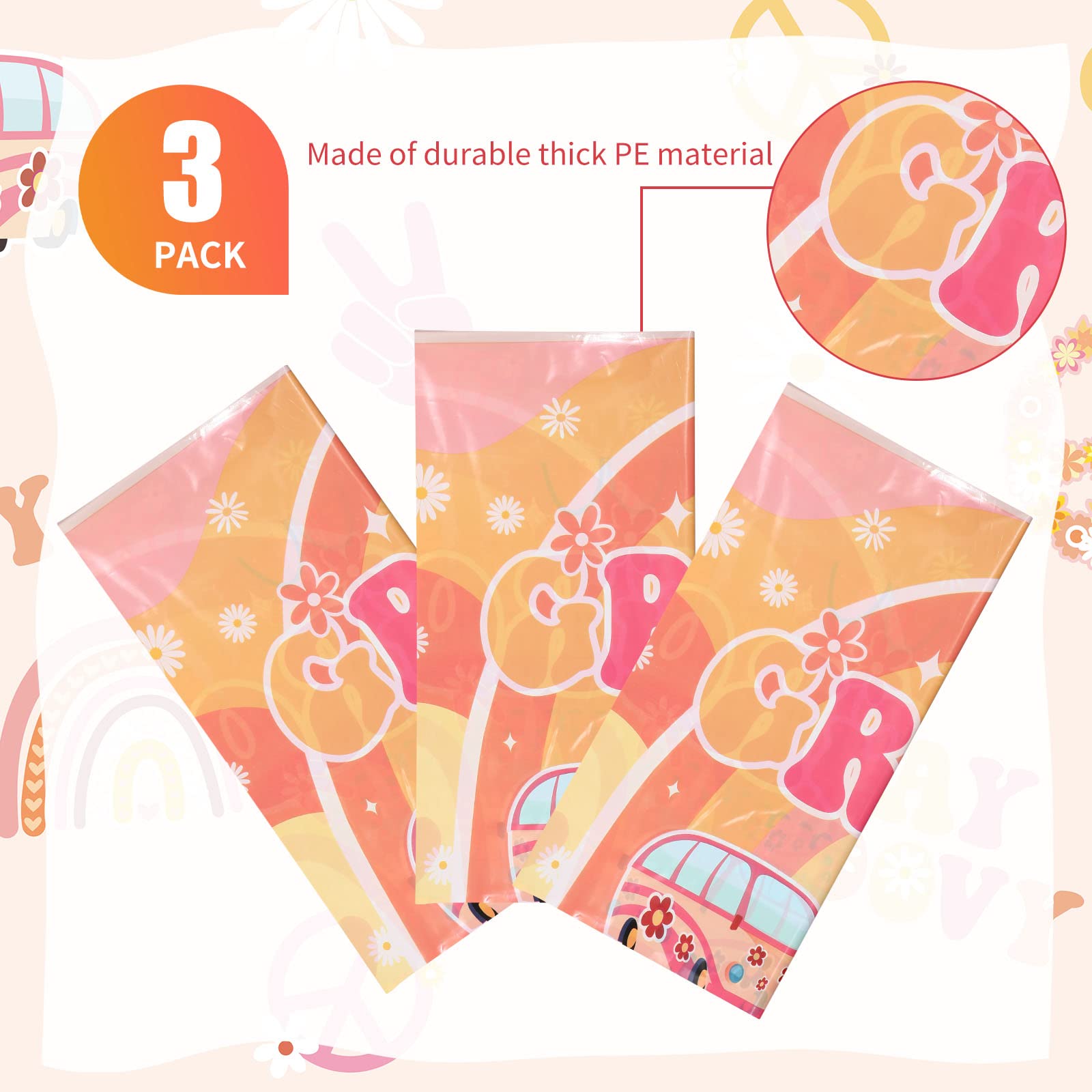 3 Pcs Two Groovy Party Plastic Tablecloths Groovy Retro Hippie Boho Party Decorations Rainbow Daisy Flower Rectangle Disposable Table Cover for Girls