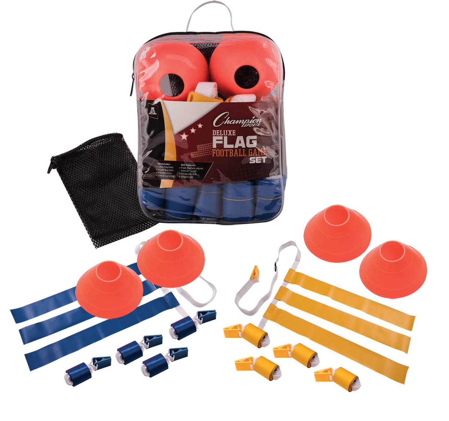Champion Sports Deluxe Flag Football Game Set of 10 - 5 Blue Belts, 5 Yellow Belts, 4 Orange Cones, Carry Bag
