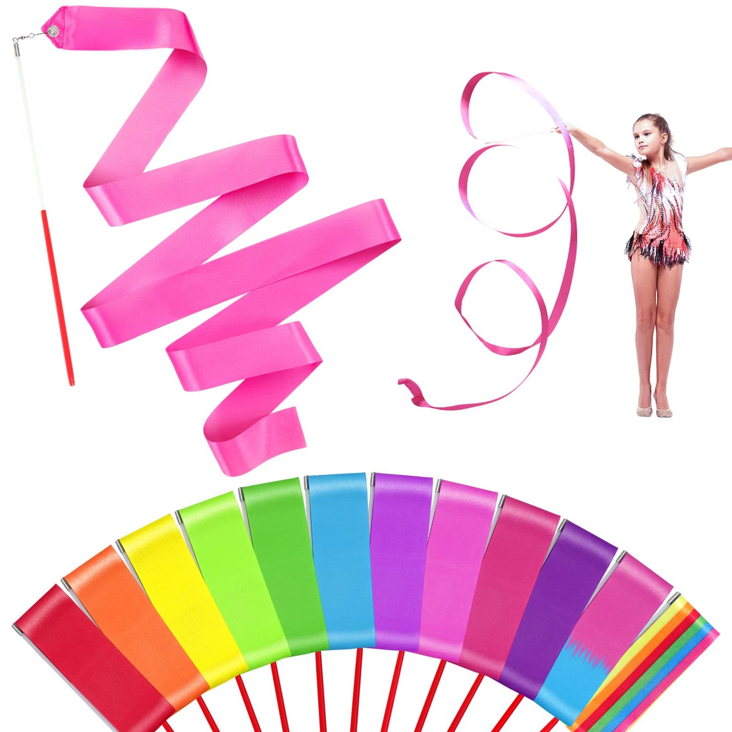 HiUnicorn 12PCS Rainbow Dance Wands Ribbon Streamers for Kids Gymnastics Rhythmic Dancing Twirling Sticks Silks Wands for Girls Circus Carnival