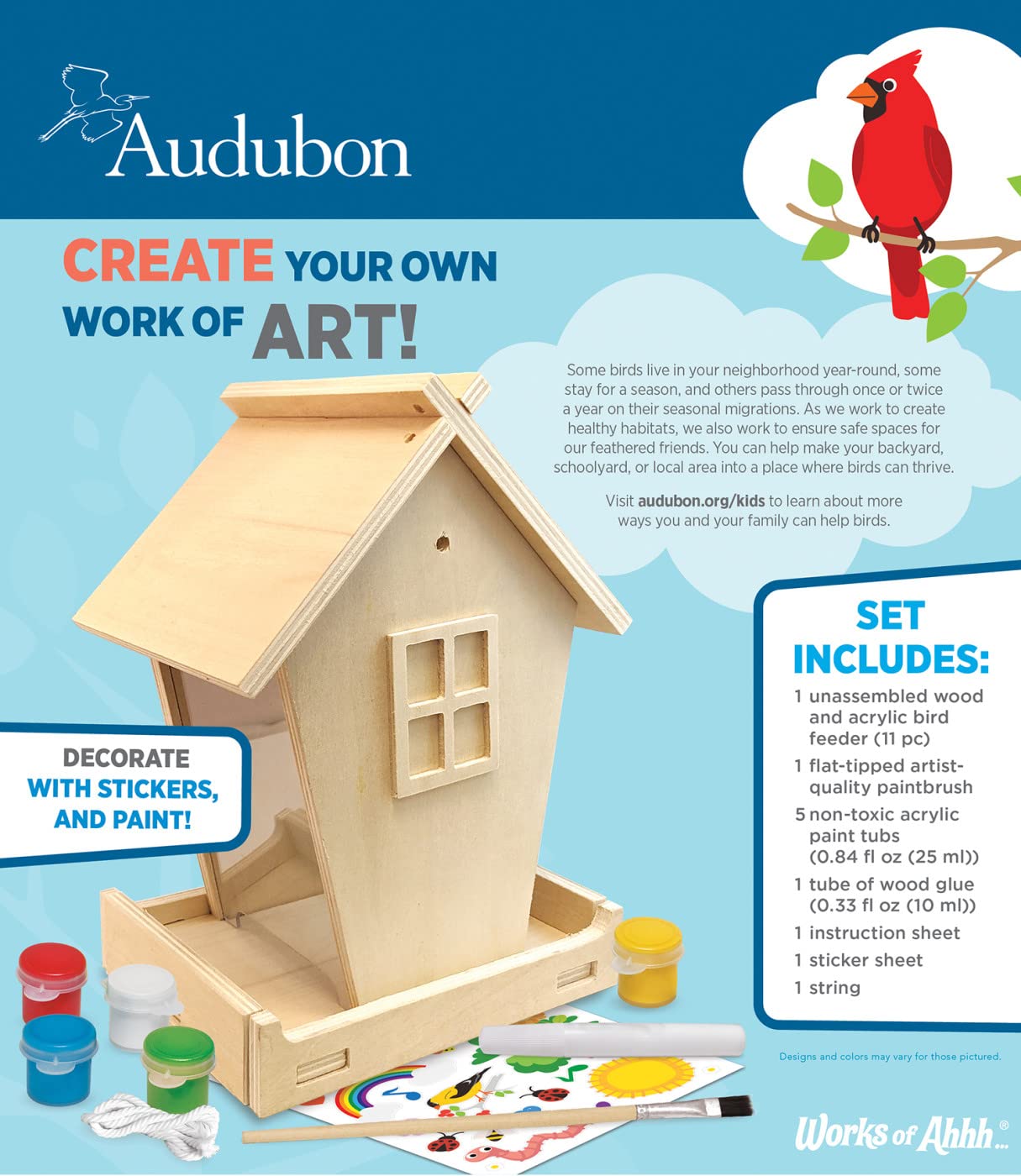 Works of Ahhh... Craft Set - Audubon Bird Feeder Buildable Wood Paint Kit