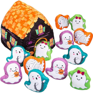 Adorable Multicolor Haunted House with Assorted Design Stuffed Peekaboo Figures - 6.5" x 7" - 3.5" - (Set of 13) - Perfect for Halloween Decorations