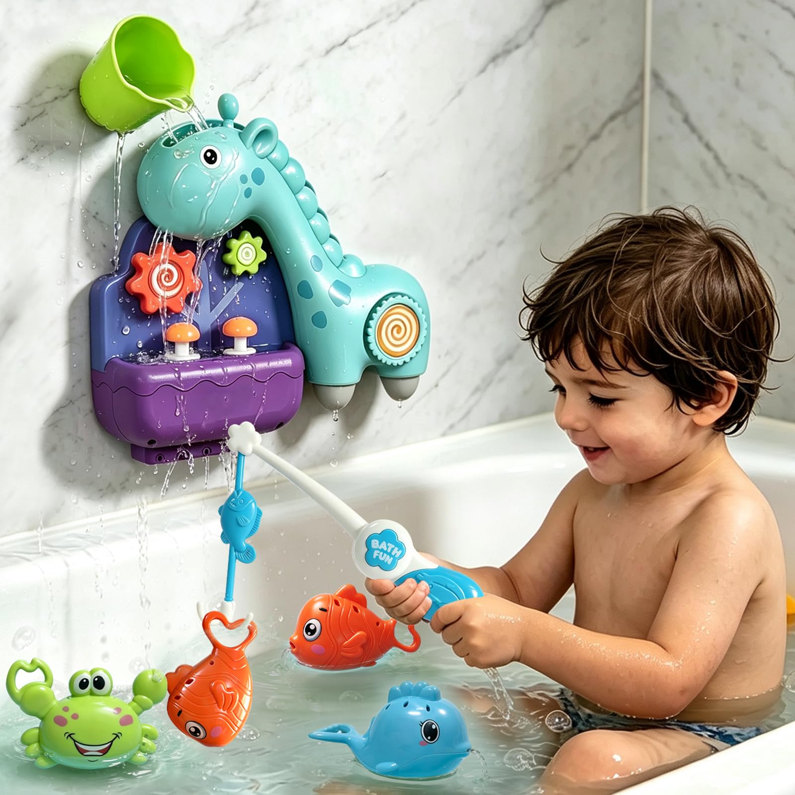Uermis Toddler Bath Toys for Kids Ages 1-3, Waterfall Giraffe Interactive Bathtub Toys for Baby Boys Girls Gifts, Early Developmental Shower Toy