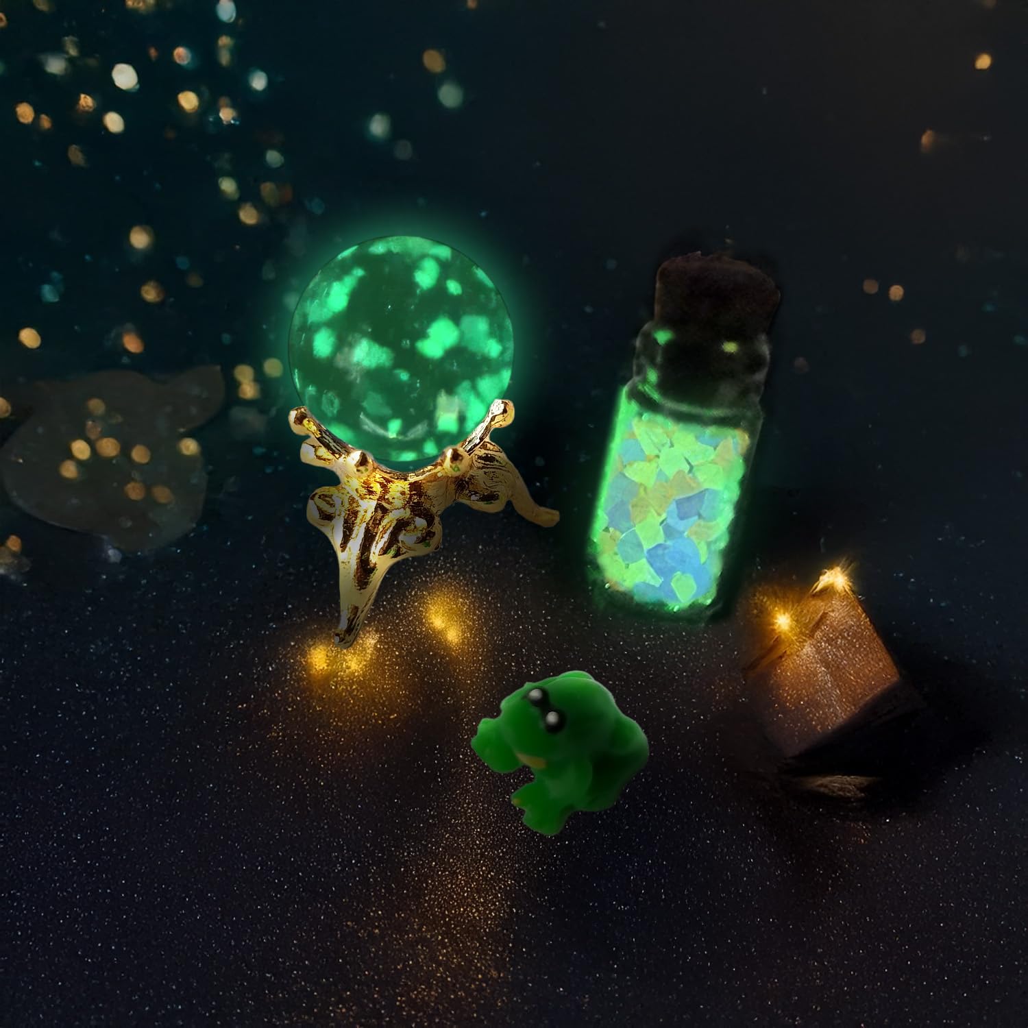 Miniature Glowing Potion Bottles, Crystal Balls & Frog Figurine, Dollhouse & Diorama Decor, Glow-in-the-Dark Miniatures (Royal Blue)