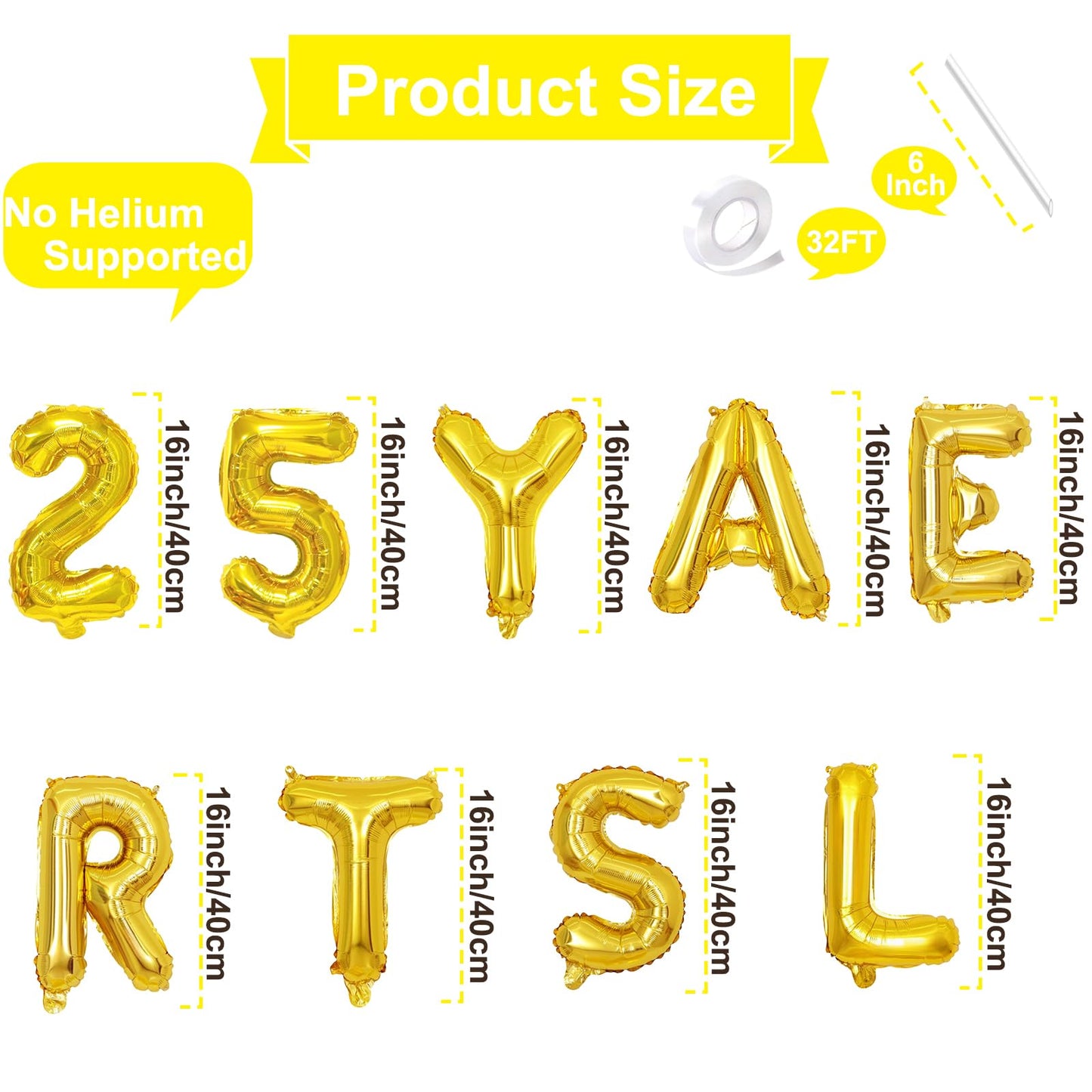 16 Inch Gold 25 YEARS LATER Letter Balloons Banner - Mylar Foil Number and Letter Balloons for Anniversary Decorations, Class Reunion, Milestone