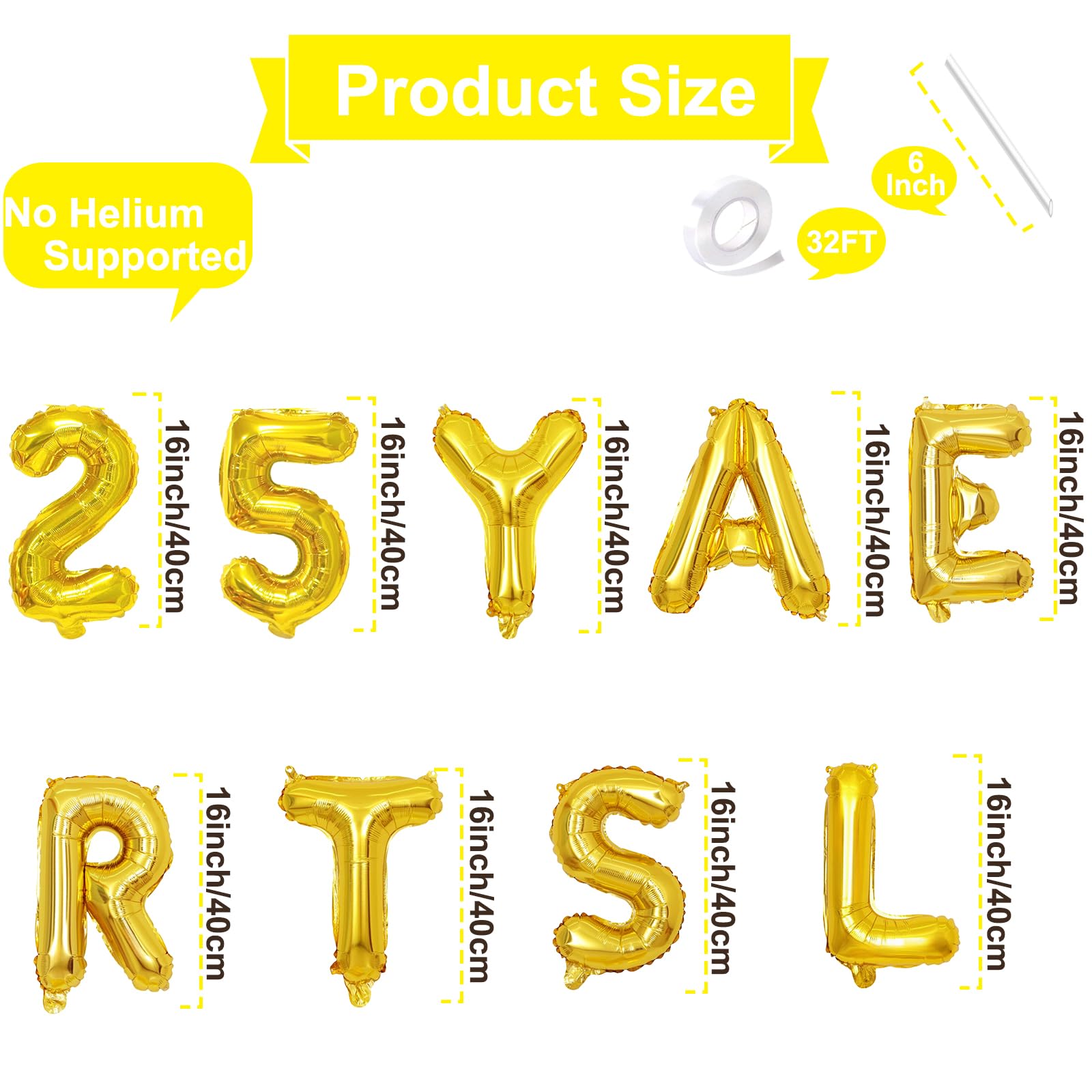 16 Inch Gold 25 YEARS LATER Letter Balloons Banner - Mylar Foil Number and Letter Balloons for Anniversary Decorations, Class Reunion, Milestone