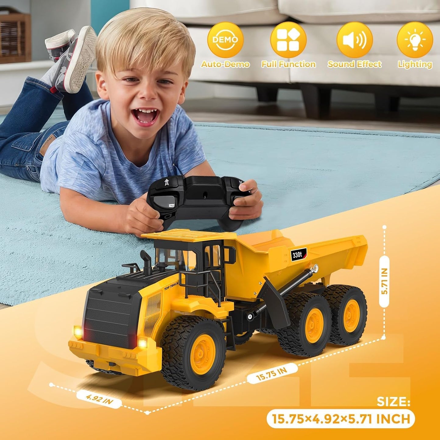 Mighty 9-Channel RC Dump Truck Toy | 1:18 Scale All-Terrain 6-Wheel Construction Vehicle with Lights & Sounds, 6 Wheels & 100-Min Battery, Remote
