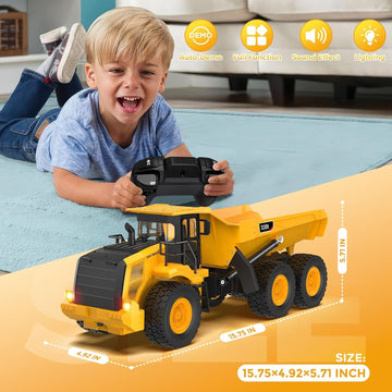 Mighty 9-Channel RC Dump Truck Toy | 1:18 Scale All-Terrain 6-Wheel Construction Vehicle with Lights & Sounds, 6 Wheels & 100-Min Battery, Remote