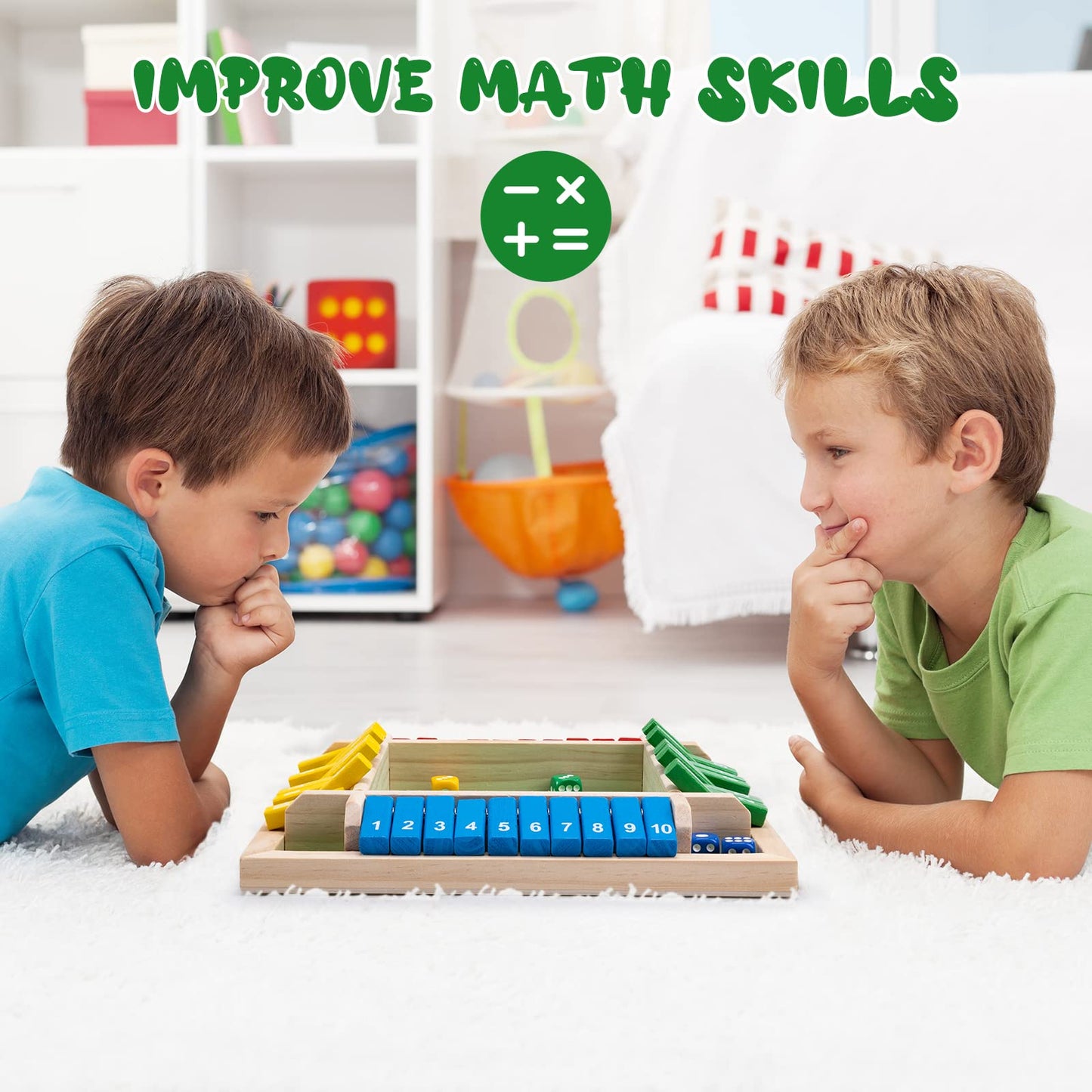 Shut The Box Dice Game,8 Dice 4 Players Wooden Board Table Math Skills Game with Drop it Game Instructions for Kids Adults Easy to Learn, Family