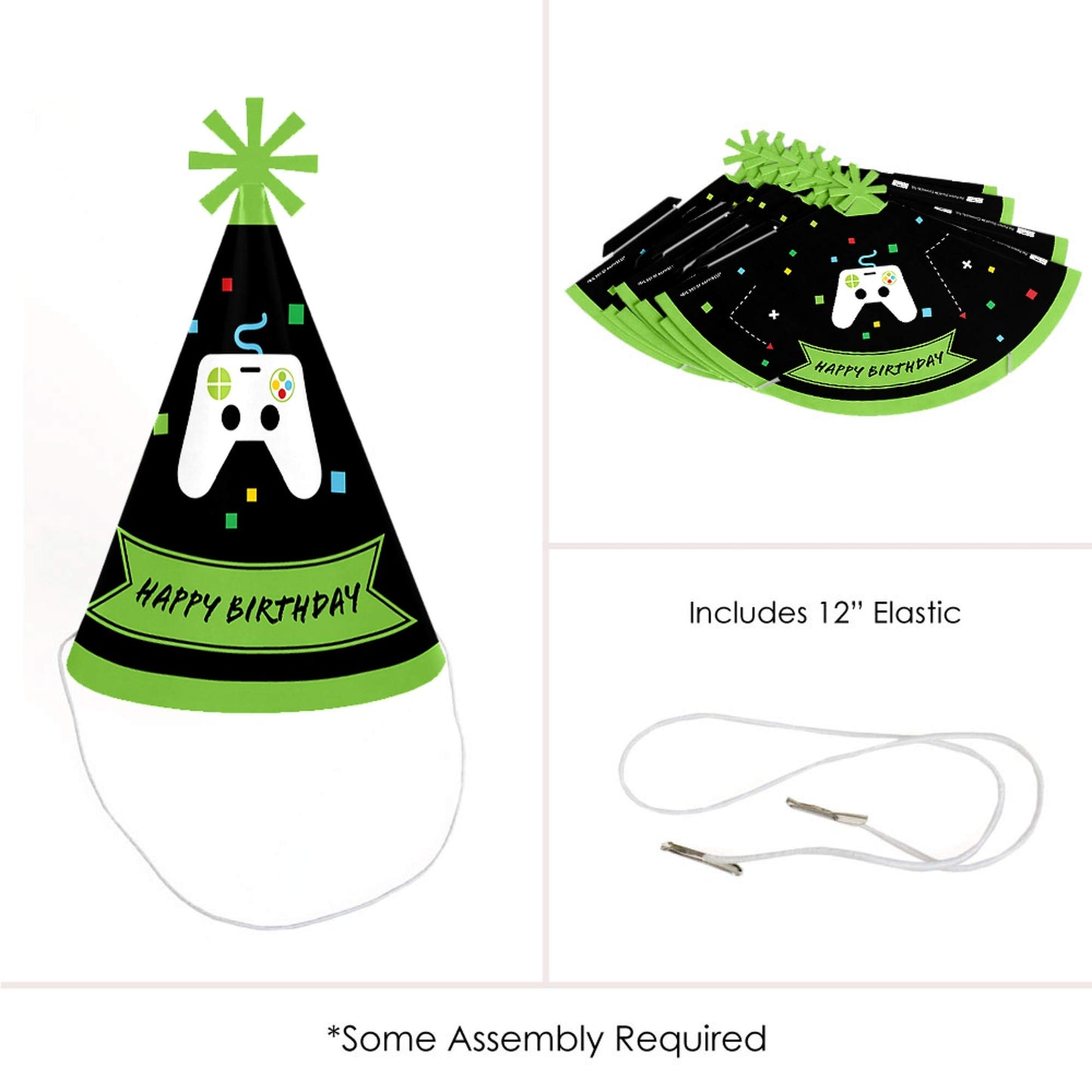 Big Dot of Happiness Video Game - Pixel Game Zone Cone Happy Birthday Party Hats for Kids and Adults - Set of 8 (Standard Size)