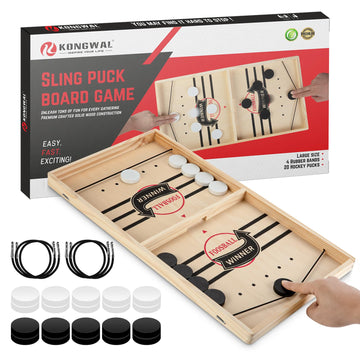Fast Sling Puck Game, Wooden Air Hockey Board Game with 10 Spare Pucks & 2 Elastic Bands | 2 Player Table Fast-Paced Slingshot Games for Kids
