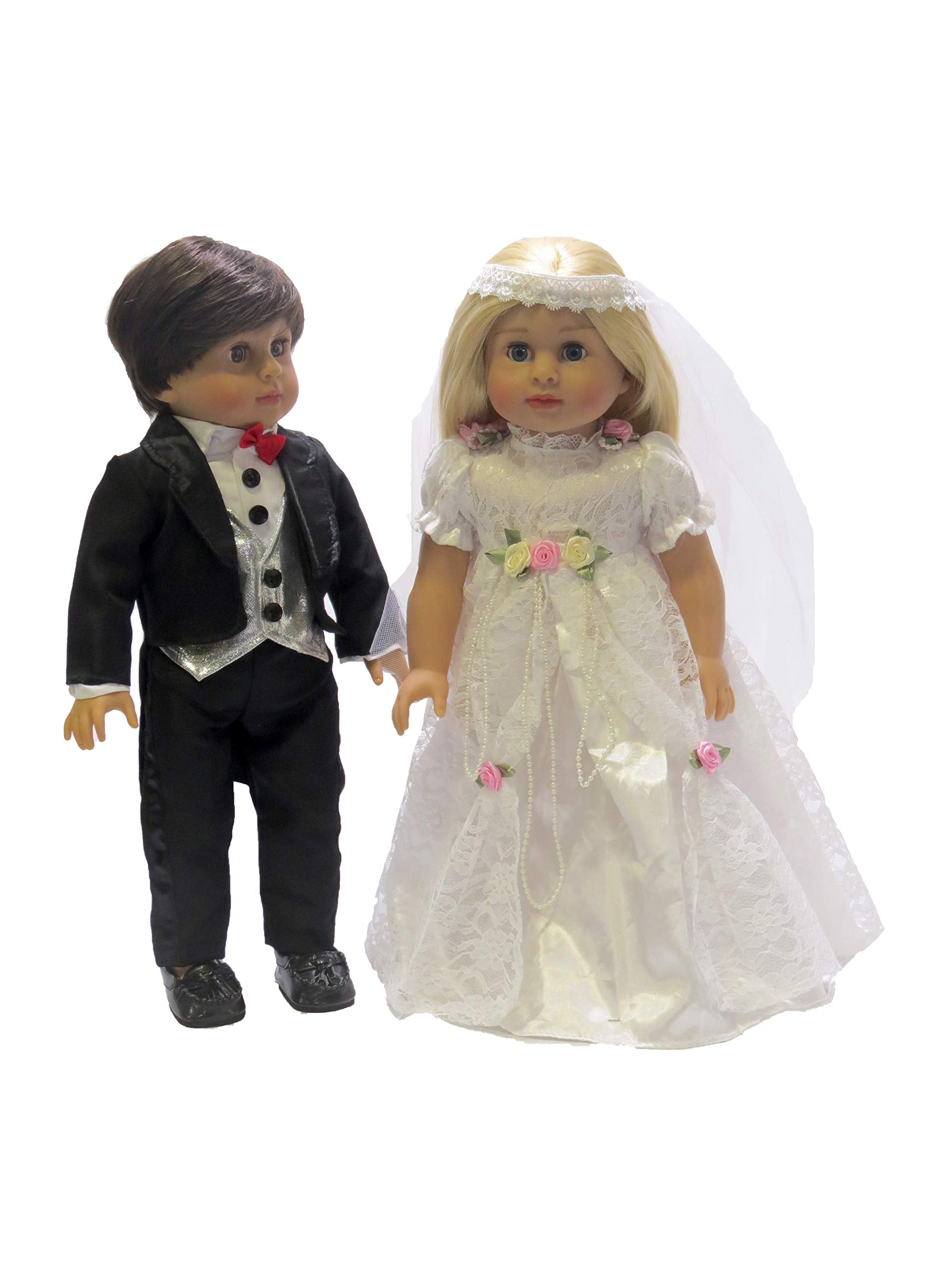 American Fashion World Bride Lace Wedding Dress w/ Roses + Pearls for 18-Inch Dolls | 2 Piece Set - Veil Included