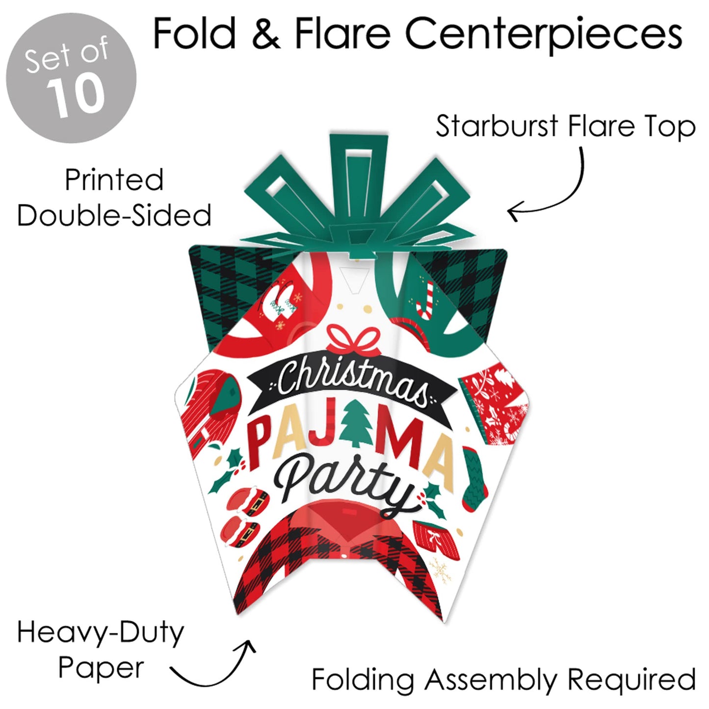 Big Dot of Happiness Christmas Pajamas - Table Decorations - Holiday Plaid PJ Party Fold and Flare Centerpieces - 10 Count