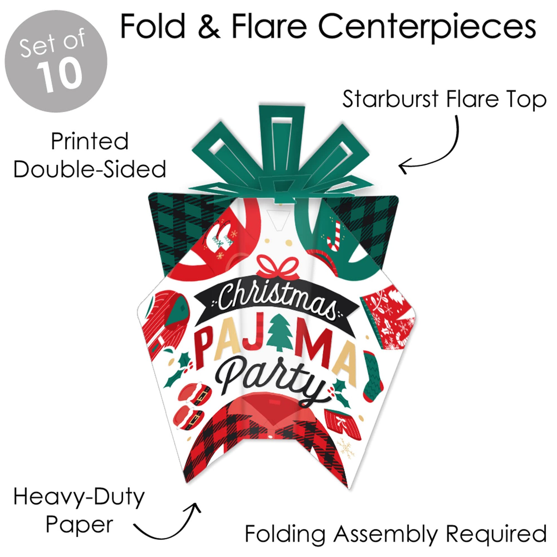 Big Dot of Happiness Christmas Pajamas - Table Decorations - Holiday Plaid PJ Party Fold and Flare Centerpieces - 10 Count