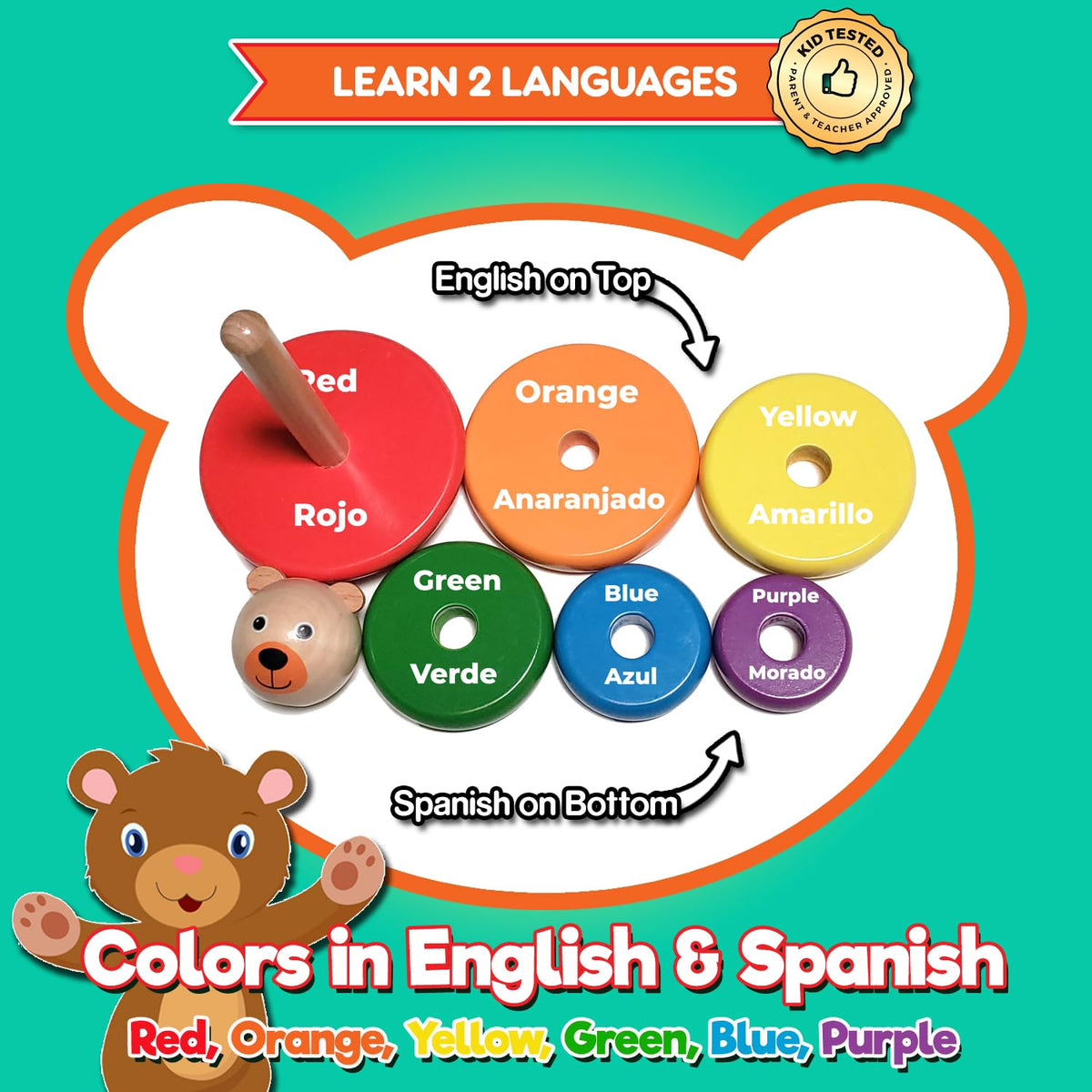 KIDS KORNER Baby Toys Wooden Stacking Rings - Bilingual Educational Toys for 2 Year Old | Learn Rainbow Colors in English & Spanish | Wood Building