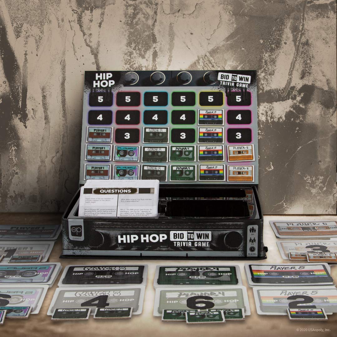 USAOPOLY Hip Hop Bid to Win Trivia Game | Music Board Game Featuring 600 Questions with a Hip Hop Trivia Theme | Custom Game Box Converts from Boom