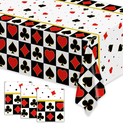 BASHLY 3-Pack Poker Tablecloths - 86”x51” Waterproof Plastic Casino Table Cover for Game Nights, Casino Themed Party Decoration, Playing Card