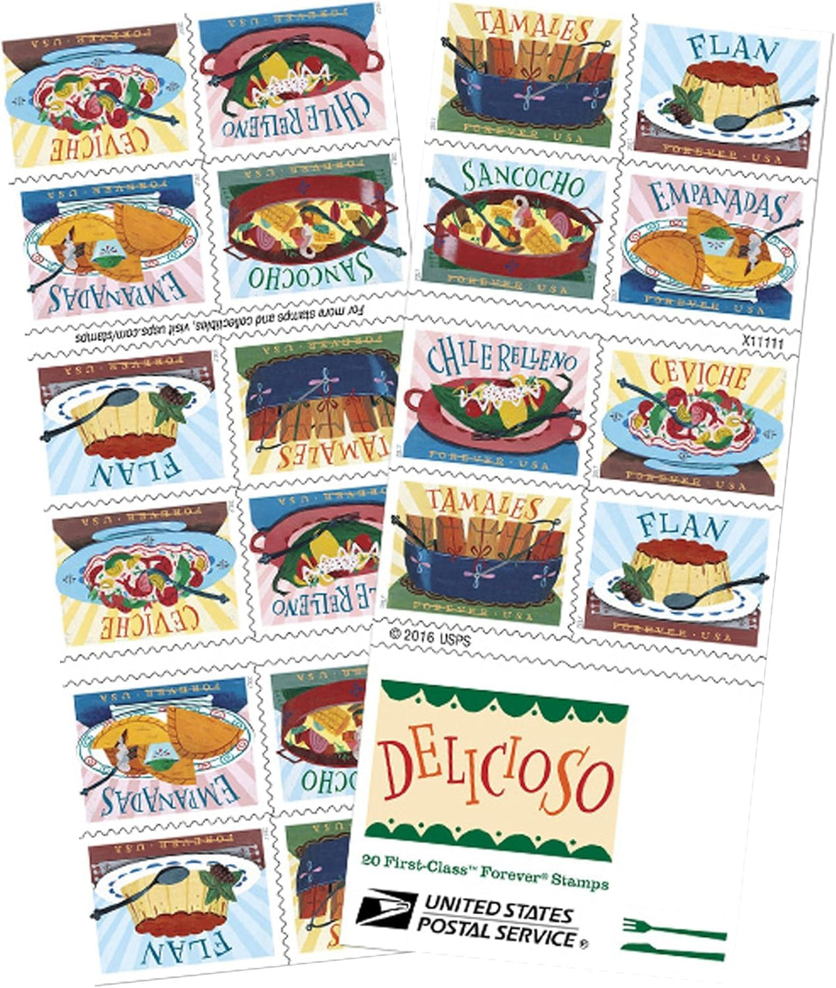 Delicioso Book of 20 USPS one-ounce rate Forever Postage Stamps Latin Food Traditional