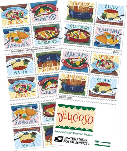 Delicioso Book of 20 USPS one-ounce rate Forever Postage Stamps Latin Food Traditional