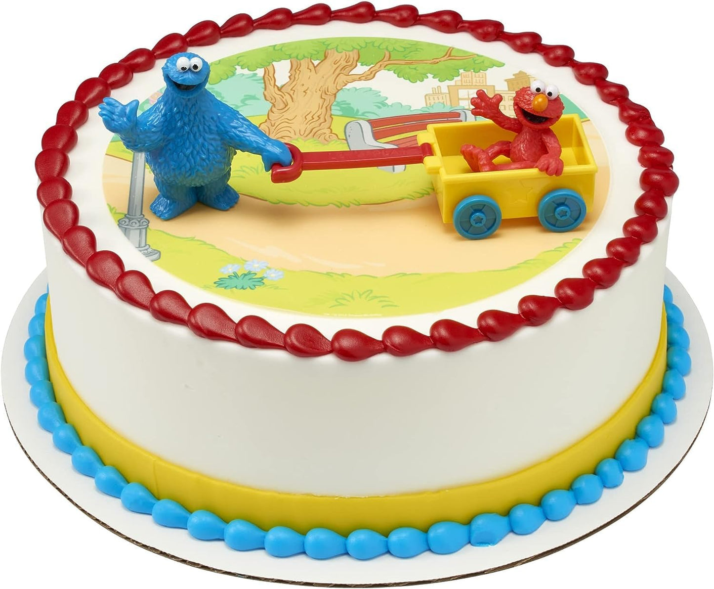 DecoSet® Sesame Street® Let's Play Cake Topper, 2-Piece Birthday Cake Decoration with Cookie Monster and Elmo in a Free-Wheeling Wagon, Ready to Use