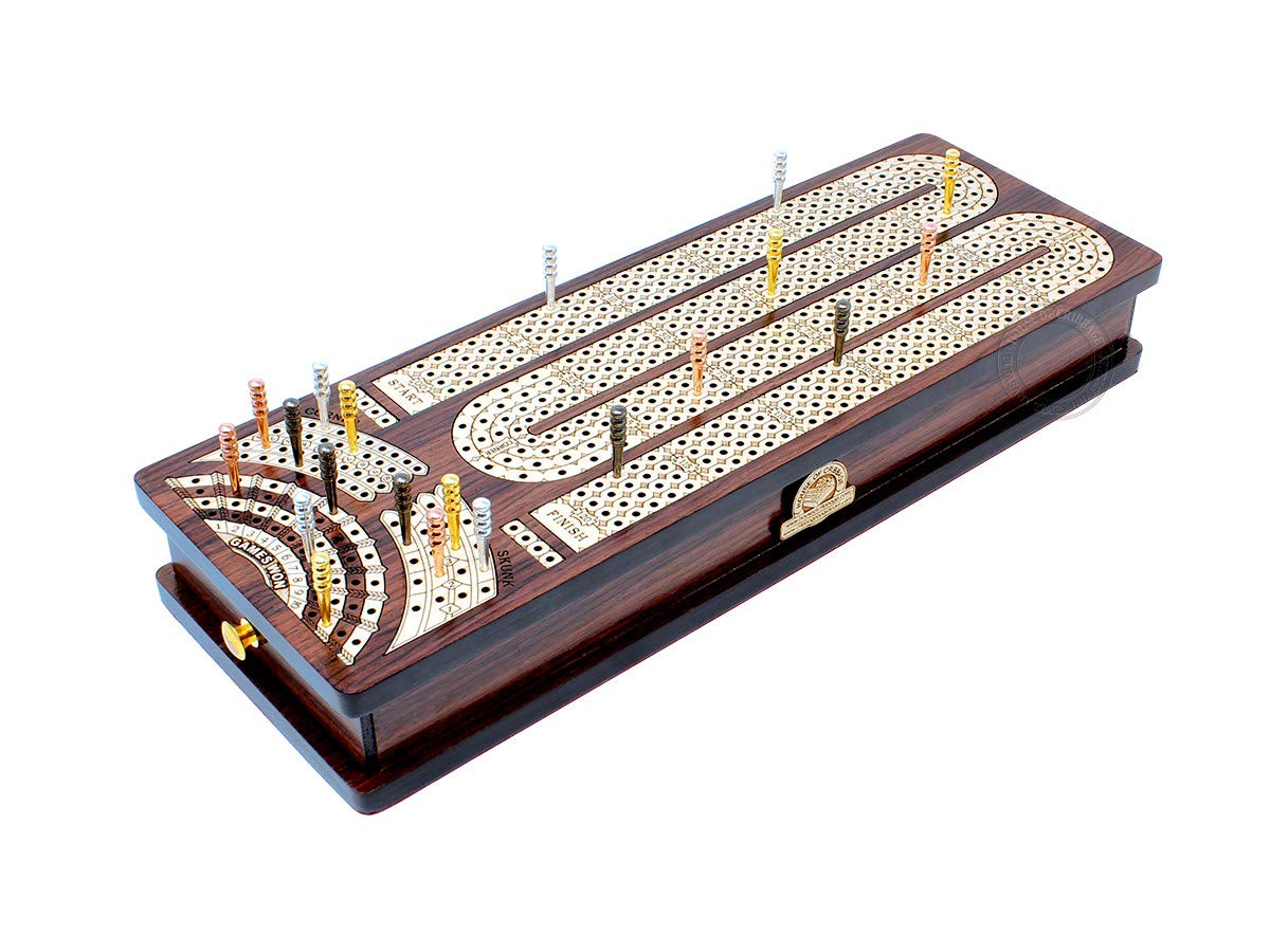 House of Cribbage - Continuous Cribbage Board/Box Inlaid in Rosewood/Maple : 4 Track - Side Drawers with Score Marking Fields for Skunks, Corners