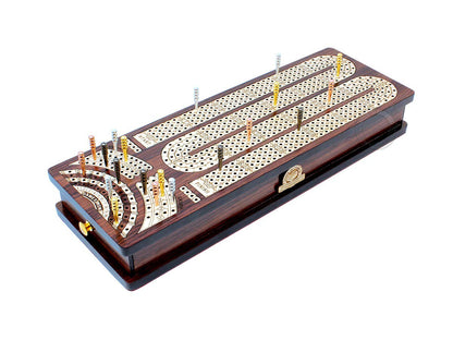House of Cribbage - Continuous Cribbage Board/Box Inlaid in Rosewood/Maple : 4 Track - Side Drawers with Score Marking Fields for Skunks, Corners
