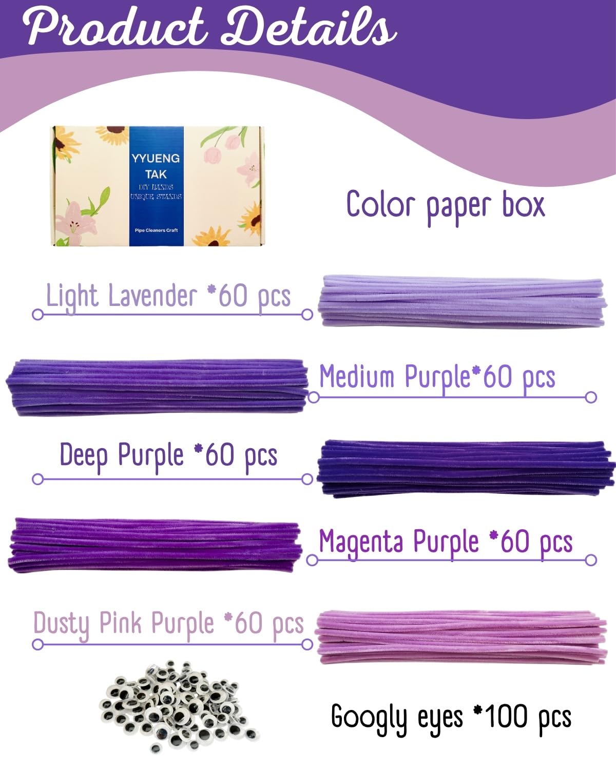 YYUENG TAK 300 pcs Purple Pipe Cleaners Bulk(5 Different Tone Purple) - Fluffy Craft Pipe Cleaners for Arts & Crafts, Ideal for Making Flowers