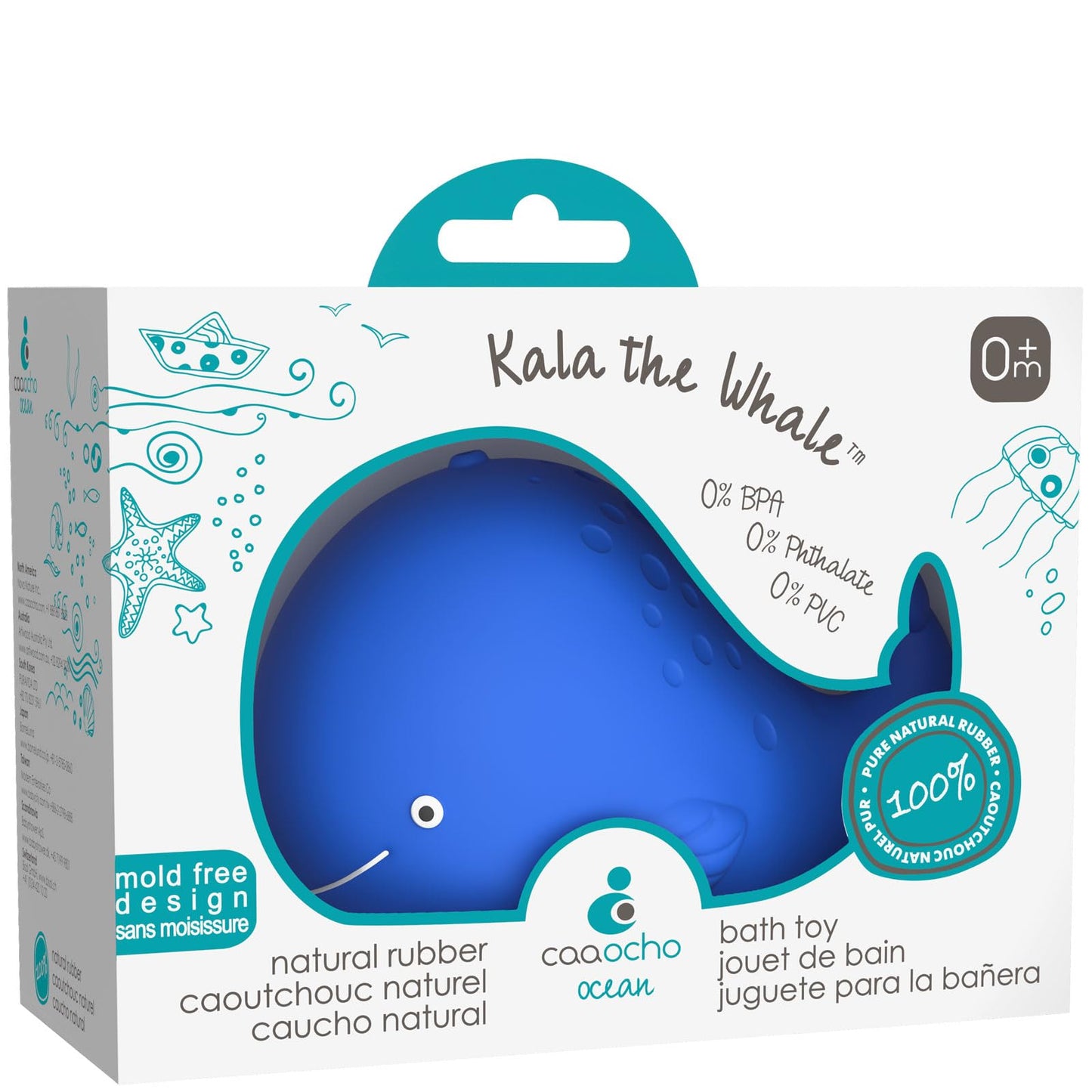 caaocho Pure Natural Rubber Bath Toy - Kala the Whale Baby Toy - Hole Free, BPA Free Bath Toys for Infants, Without Holes Sealed Natural Rubber