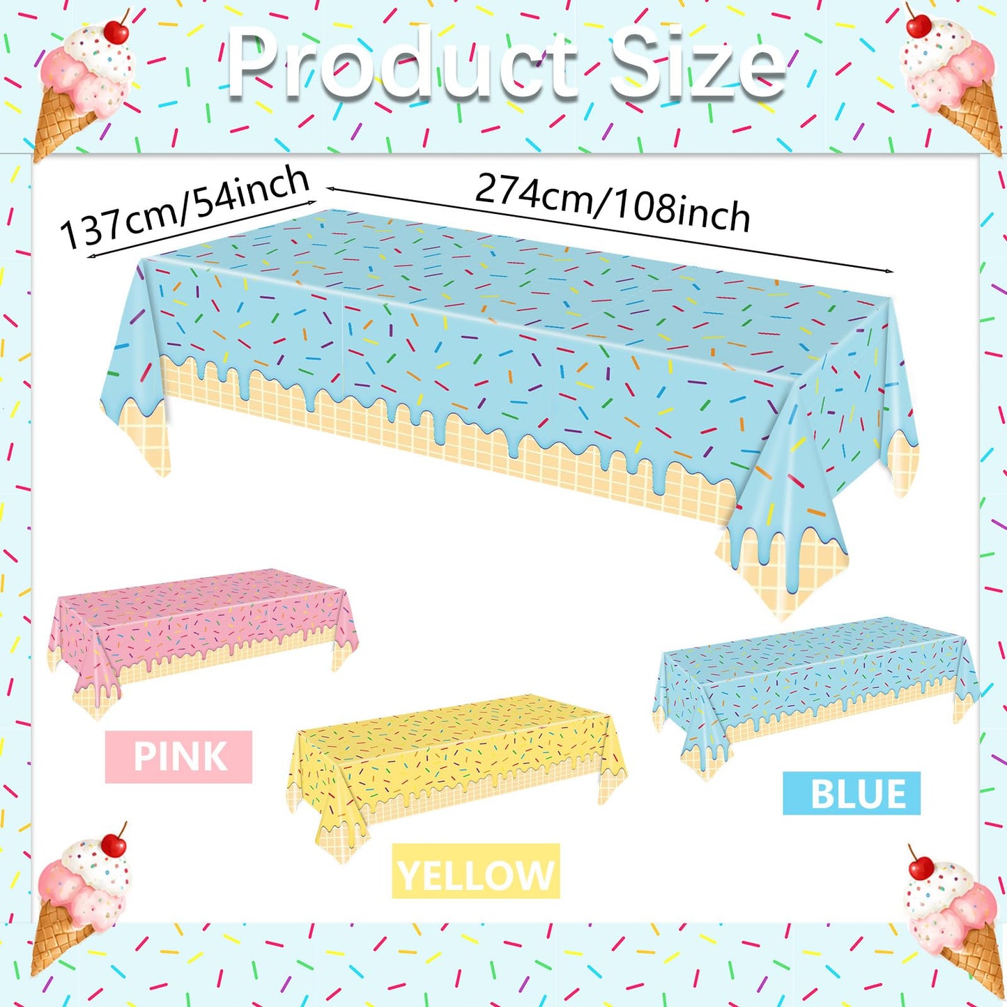 Broeify 3-Piece 54 x 108 Inch Summer Dessert Plastic Tablecloth - Blue, Yellow, Pink Sprinkle Design, Disposable Rectangle Table Cover for Birthday