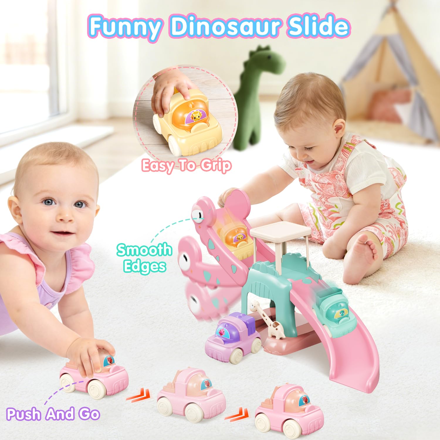 Dinosaur Slide for Toddlers 1-3, Car Ramp Race Track with 4 Push Cars, Pink