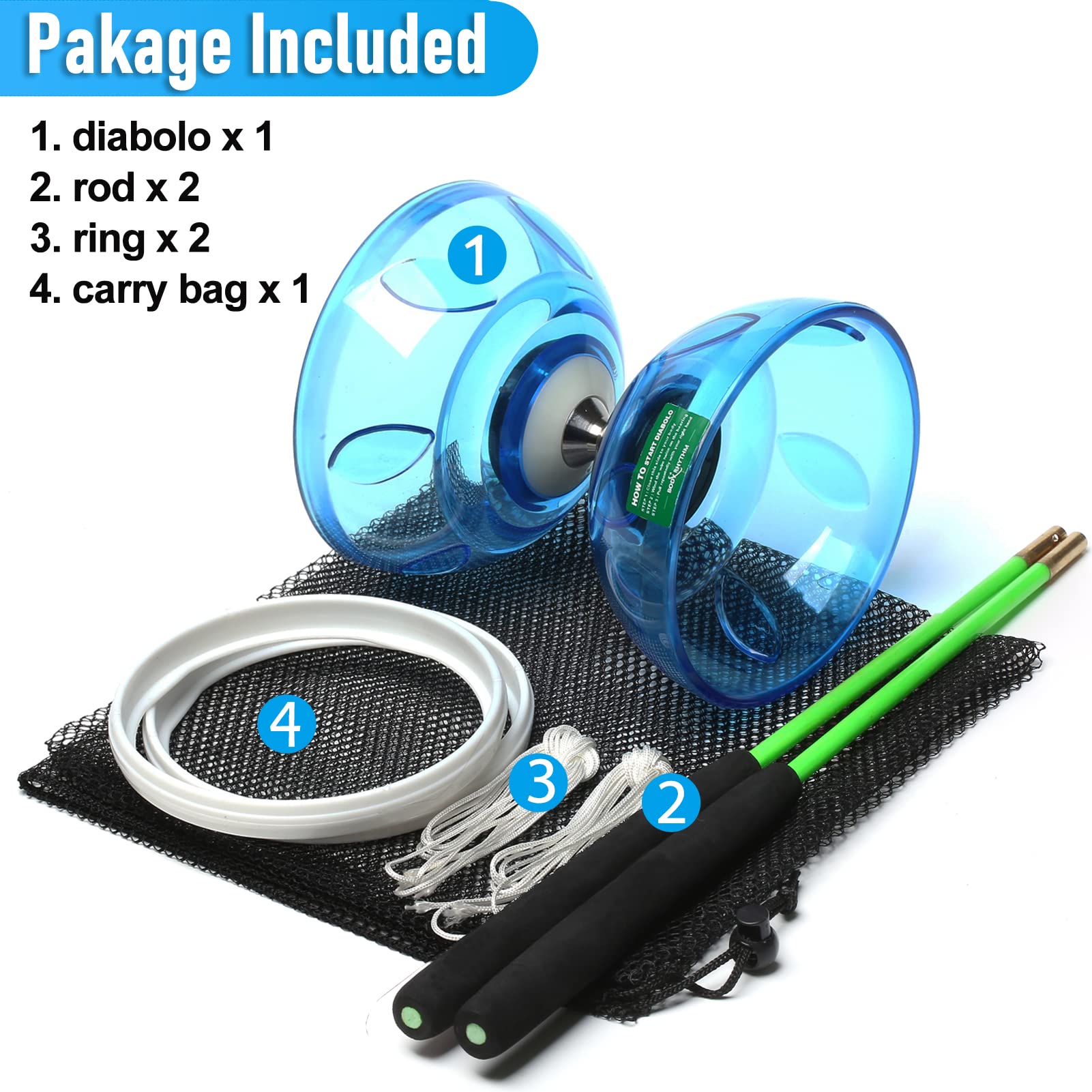 BodyRhythm Five Bearings Chinese Diabolo Yoyo Set with Fiberglass Sticks, Adjustable Strings for All Ages - Best for Fitness and Tricks (Blue)