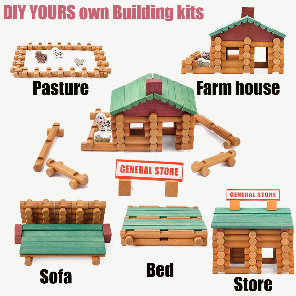 Joqutoys 170 PCS Classic Building Log Toys, Wood Logs Set Set for Boy, Creative Construction Educational Gift for Kids Ages 3+
