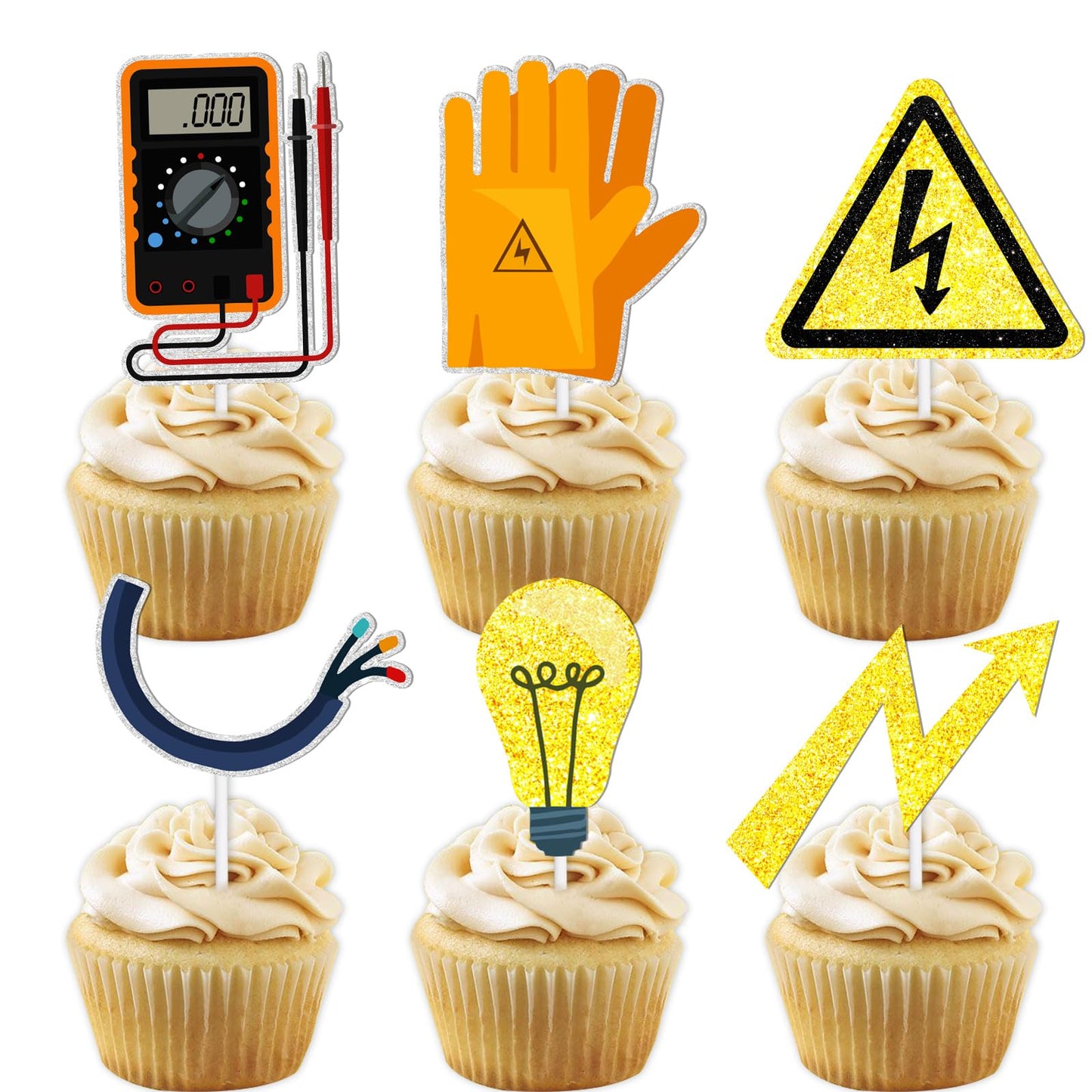 18pcs Gold Glitter Tools Dessert Cupcake Topper Power Electrician Lineman Theme Decor Supplies Boy Man Happy Birthday Party Decorations