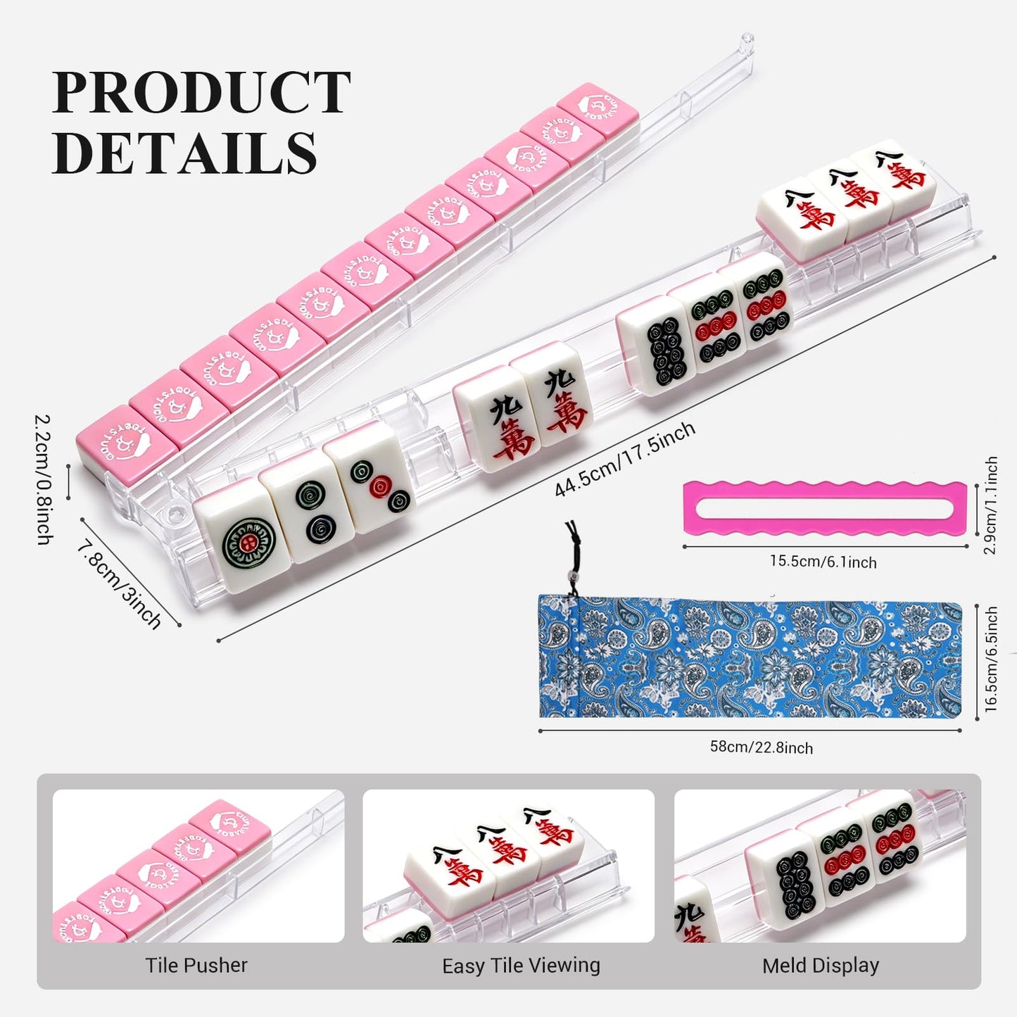 Non-Slip Clear Mahjong Racks with Pushers Set of 4, Complete Gift Set with 4 Readers, Lucky Clover Card, Paisley Bag & Elegant Gift Box, American