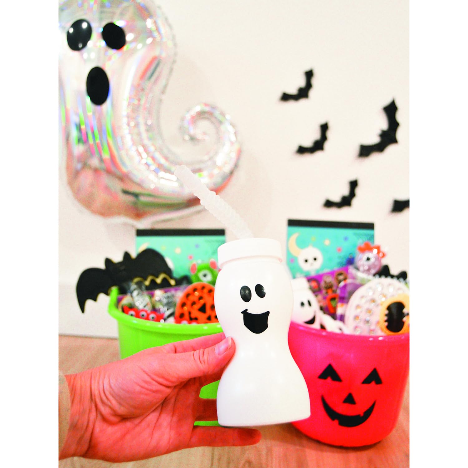 Fun Express Ghost Shape Cups with Straw, Set of 12 Pieces, White
