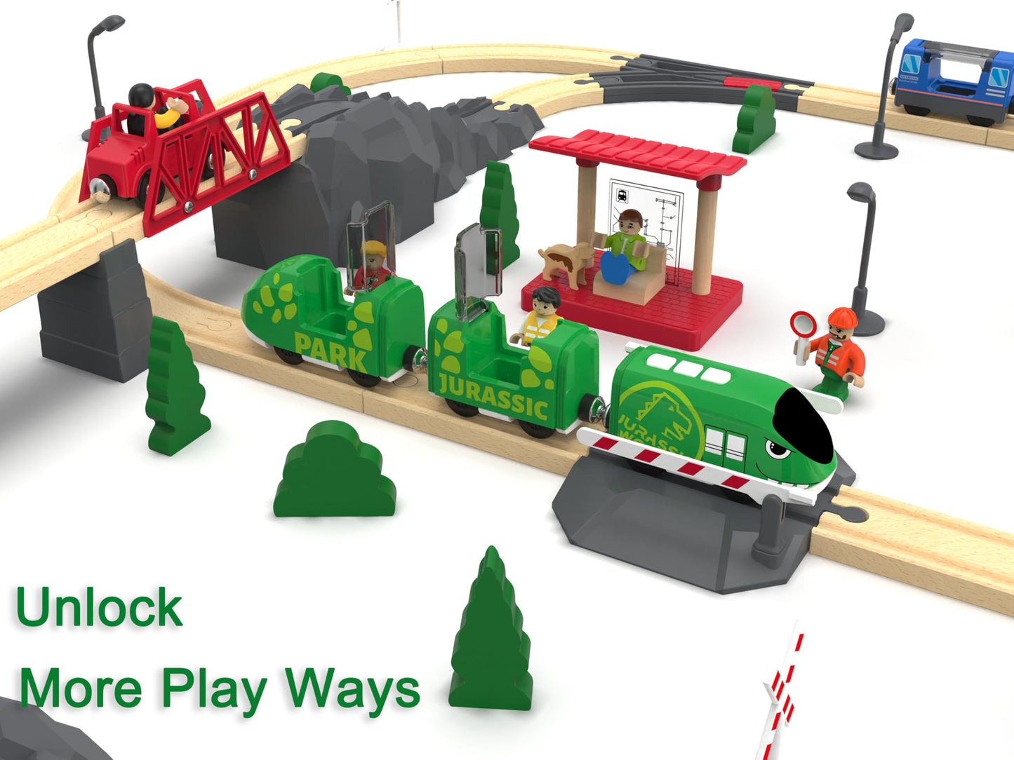 Battery Operated Bullet Train with Opening Carriages & 2 Action Figures, Jurassic Dinosaur Train for Wooden Track, Lights & Sounds, Compatible