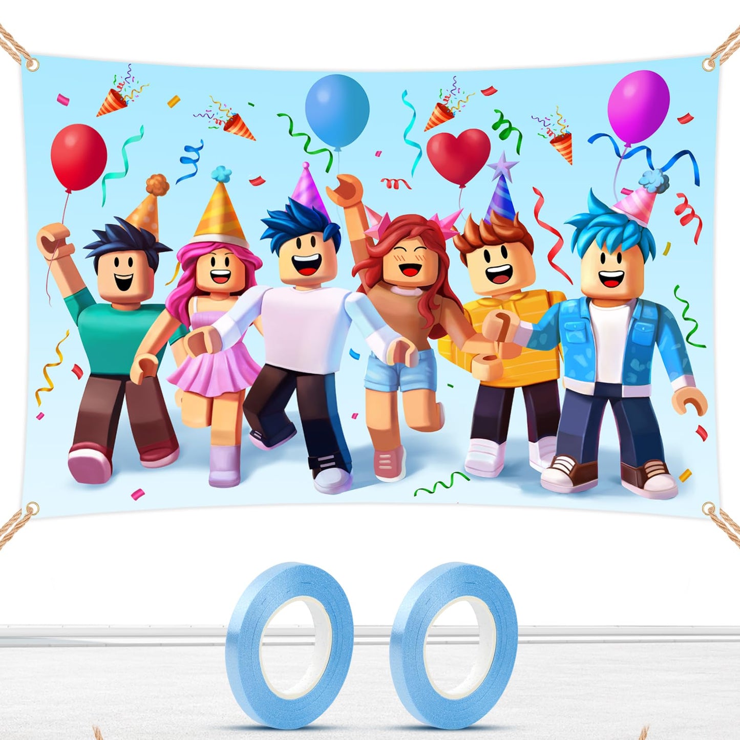 Gaming Birthday Backdrop 6x4ft, Extra Thick Fabric Photo Backdrop Banner, Cartoon Block Party Background, Reusable Cartoon Character Decoration with 4