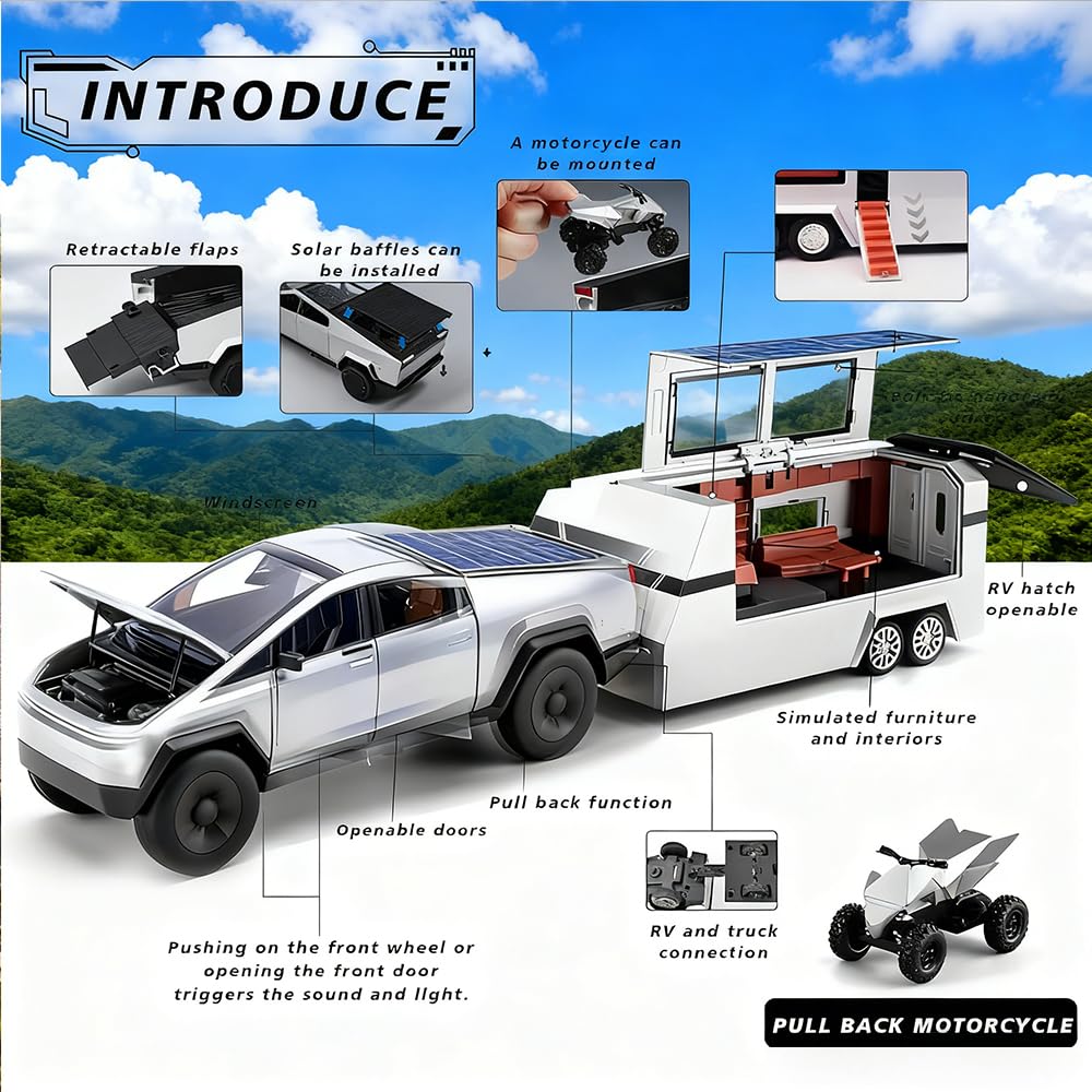 Toy Cyber Pickup Truck with RV and Motorcycle Model Car Diecast Toy Pickup for Kids Boys Girls 3+ Years - Electric Metal Drivable Truck with Sound