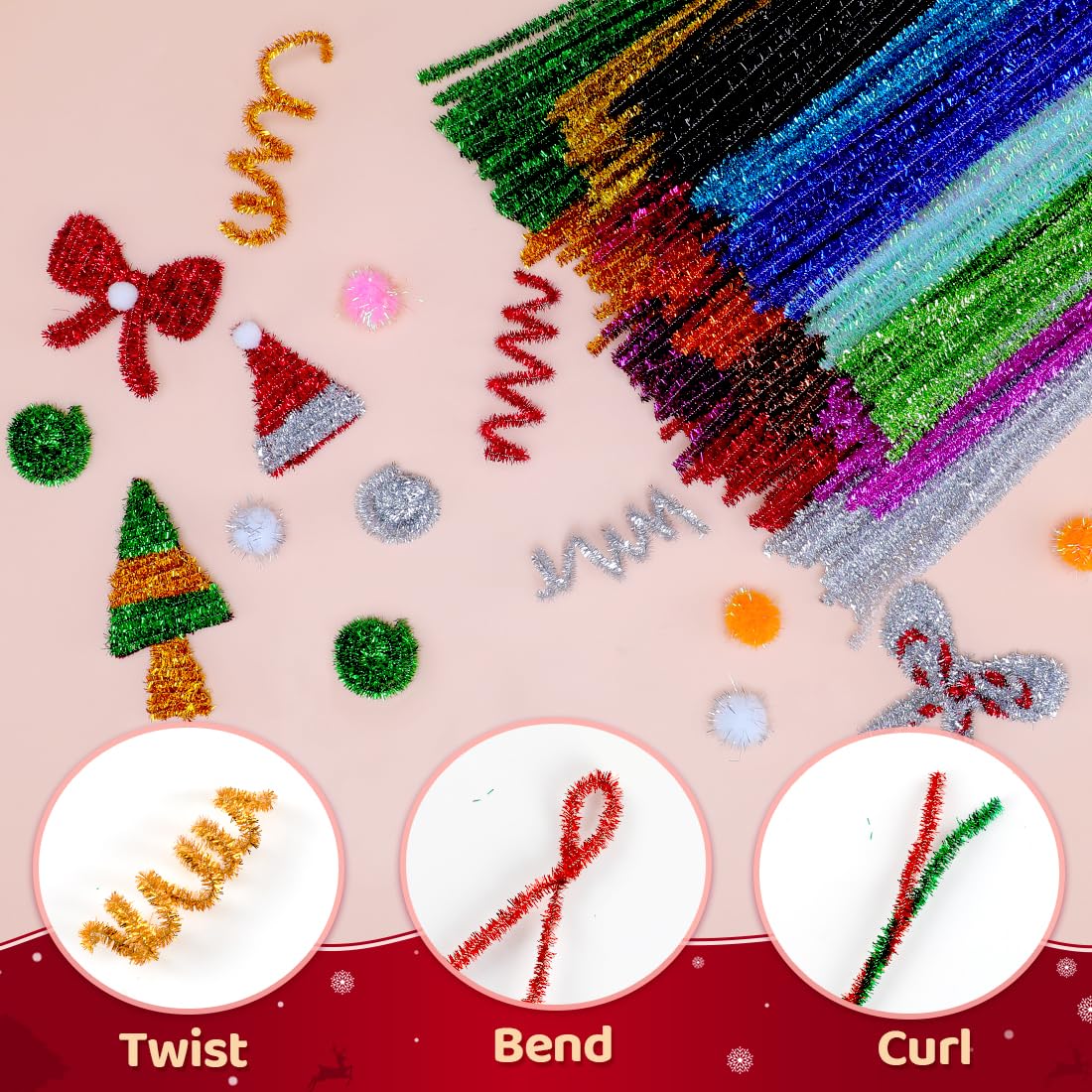 Praisebank Glitter Pipe Cleaners for Crafts, 200pcs, Chenille Stems for DIY Projecets, Arts & Crafts Supplies for Festival Party Decorations