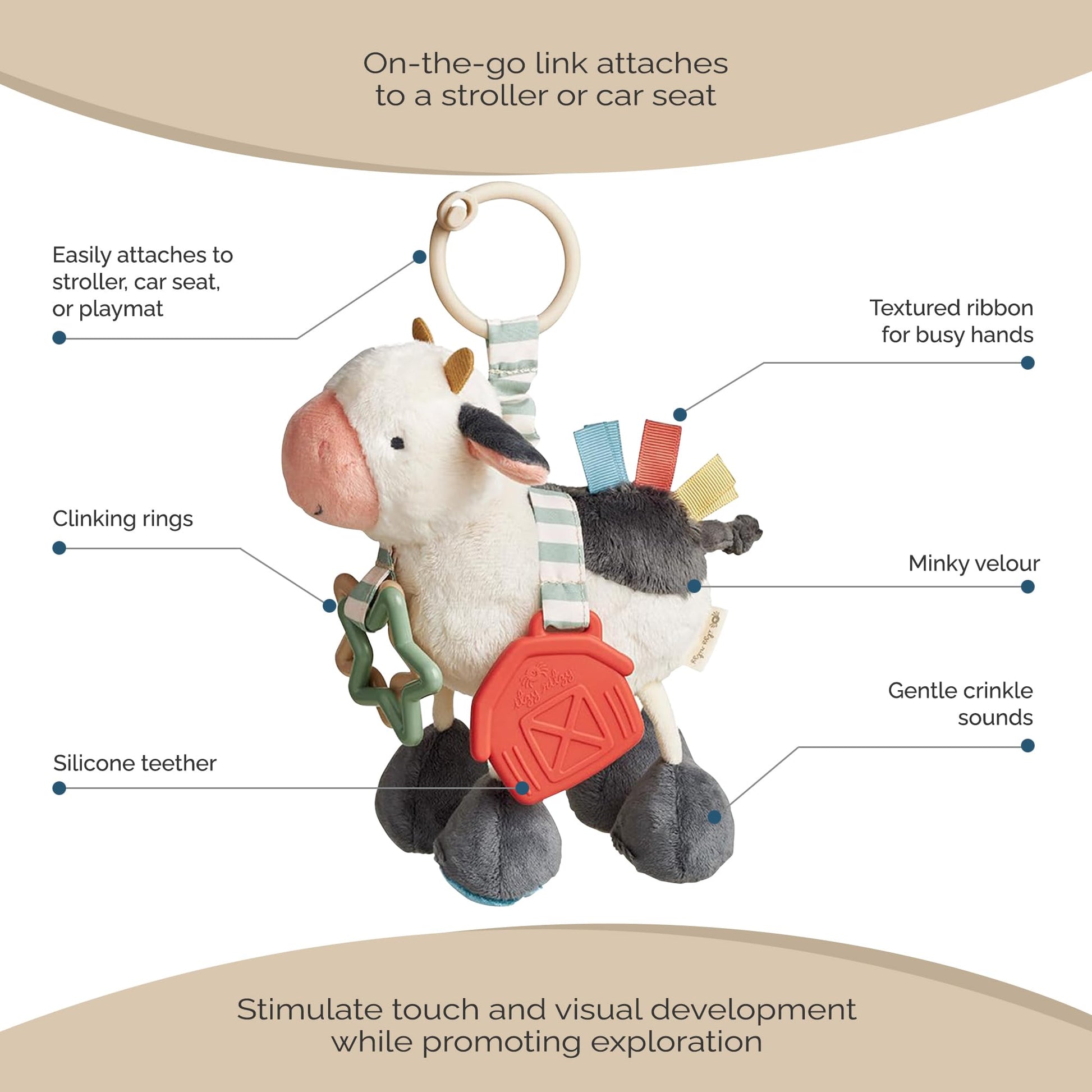 Itzy Ritzy Link & Love Toy for Stroller or Car Seat - Features Textured Ribbons, Crinkle Sounds, Clinking Rings & Silicone Teether - Designed for Ages