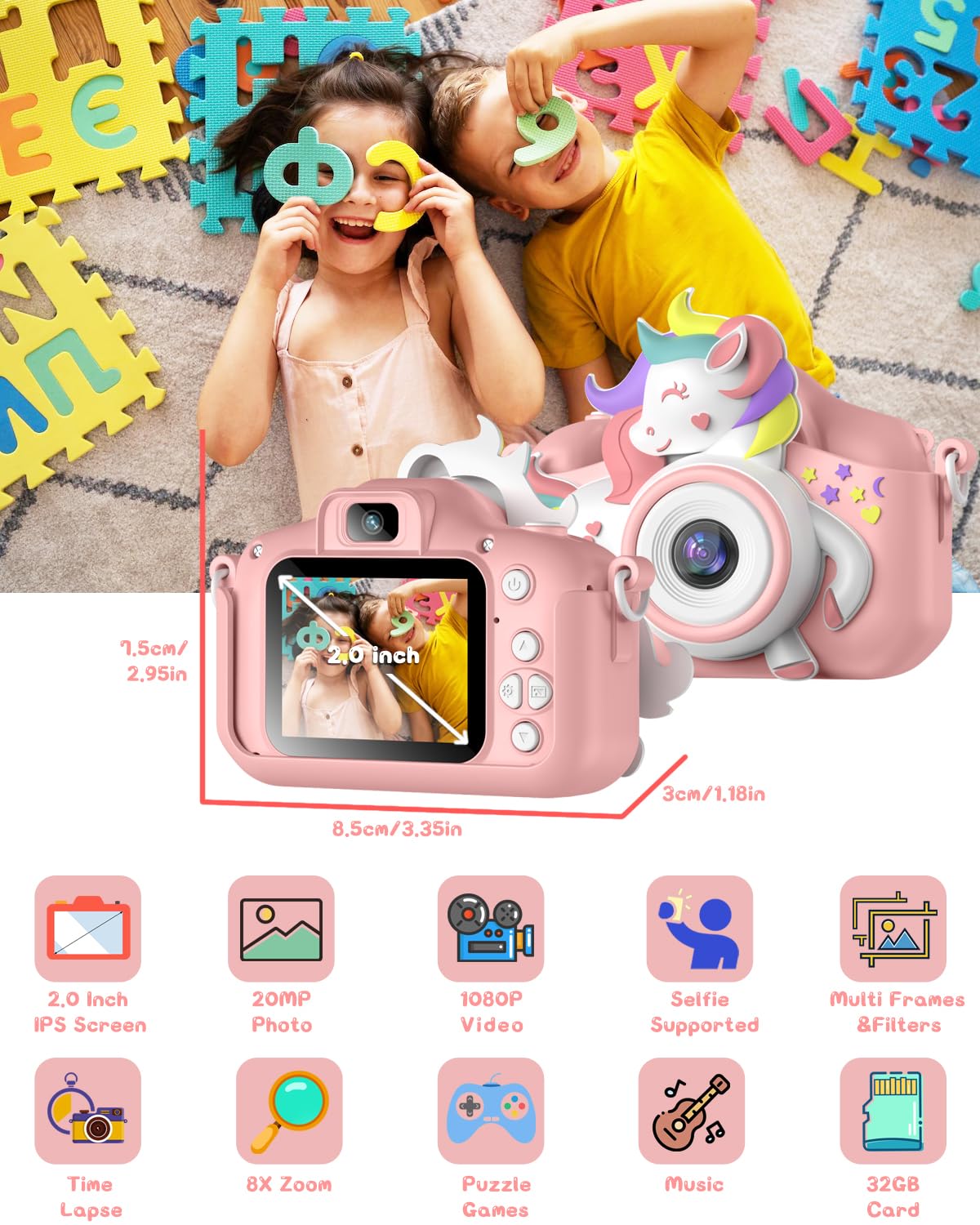 Kids Camera for 3-8 Years Old Toddlers Childrens Boys Girls Selfie Camera 20 MP HD 1080P IPS Screen Dual Digital Toy Camera for Kids Christmas