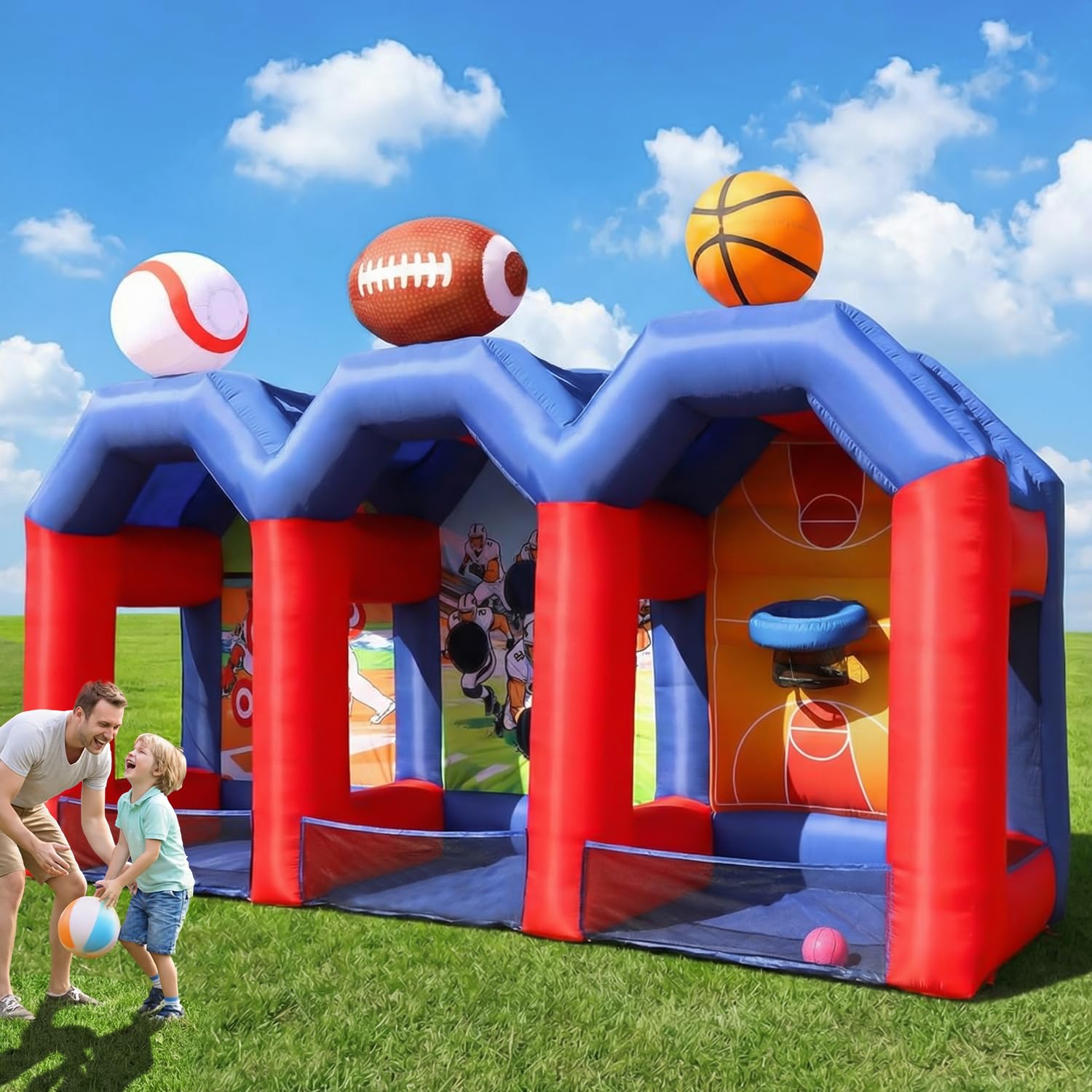 Inflatable Carnival Games, Extra Large 3-in-1 Sports Arena with Basketball, Football & Baseball Toss, Includes 750W Blower for Family Gatherings, Lawn