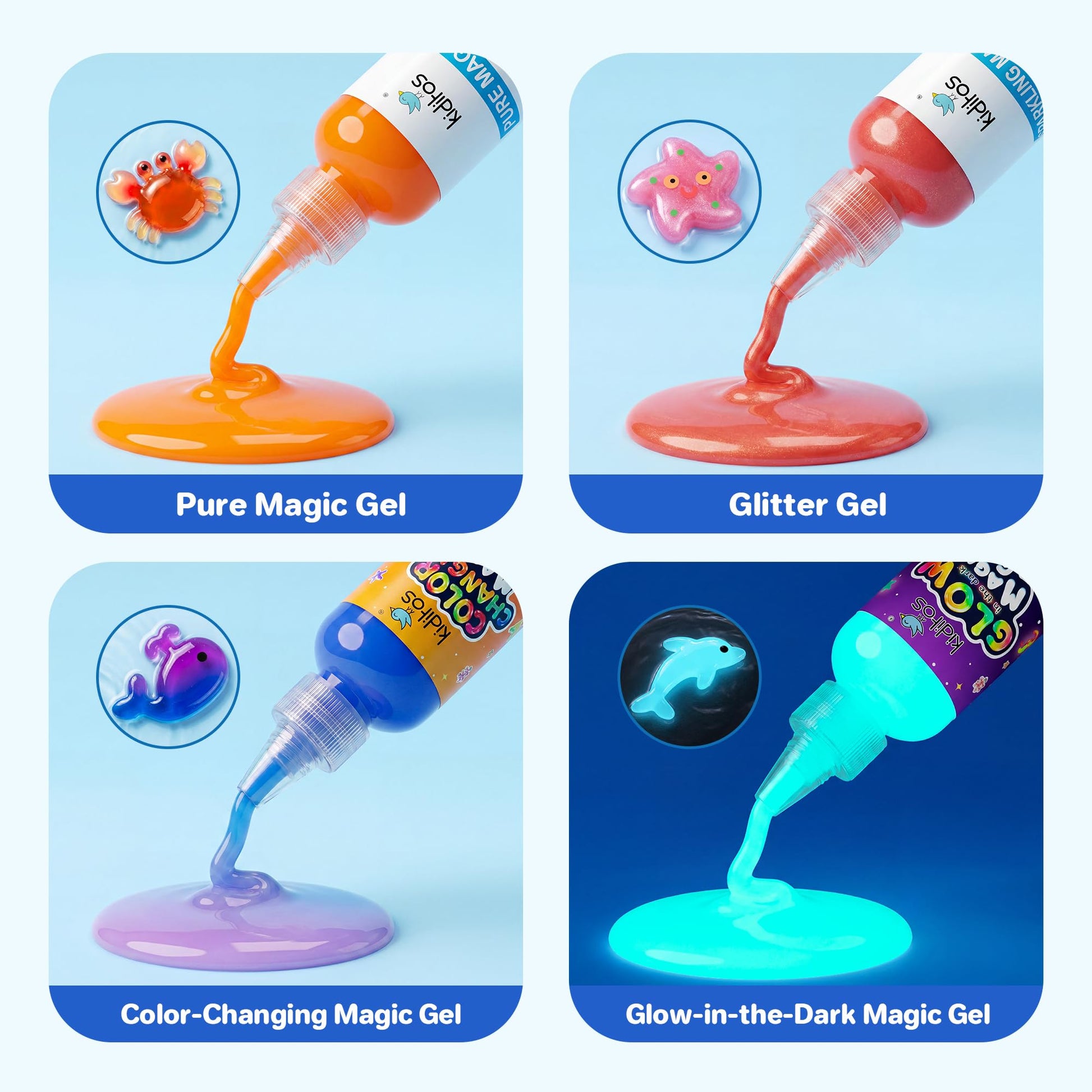 Kiditos Dinosaur Magic Water Elf Toy Kit-Squishies for Kids, 20 Gels & 10 Molds, Magic Gel Water Pets Sensory Toy, Fun DIY Craft Kit, Party Favors