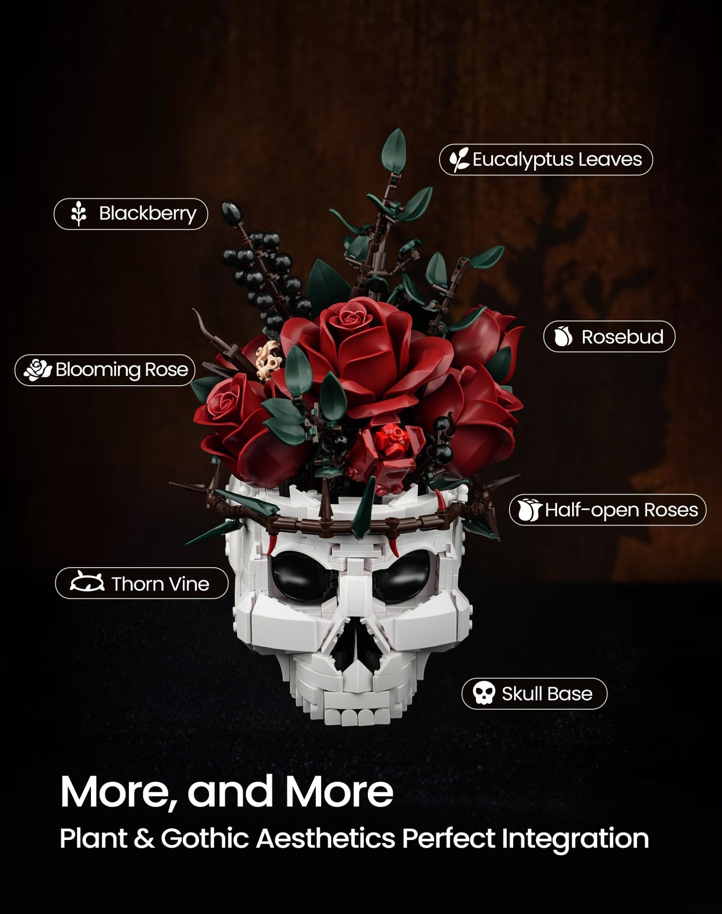iATOM Skull Roses Flower Bouquet Building Set, Botanical Collection Kit for Adult Women, Birthday Gifts for Mothers Day