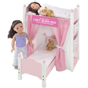 Emily Rose 18 Inch Doll Loft Bunk Bed Pink - Wooden Doll Bunkbed with Storage Shelves, Ladder, Removable Single Bed, 2 Polka Dot Bedding Sets &