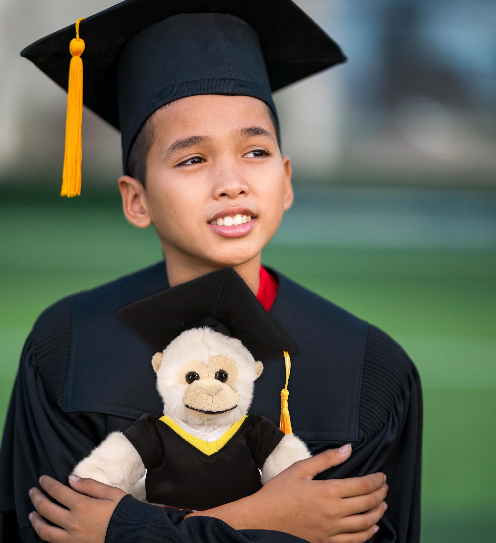 DolliBu Long Arm Hanging White Squirrel Monkey Graduation Plush Toy - Soft Graduation Stuffed Animal Dress Up Gown and Cap with Tassel - Gift